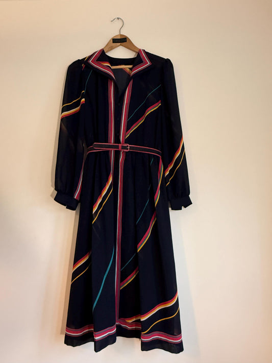 Vintage 1970s Navy Stripe Midi Dress | Belted Long Sleeve Shirt Dress | Colourful Retro Dress