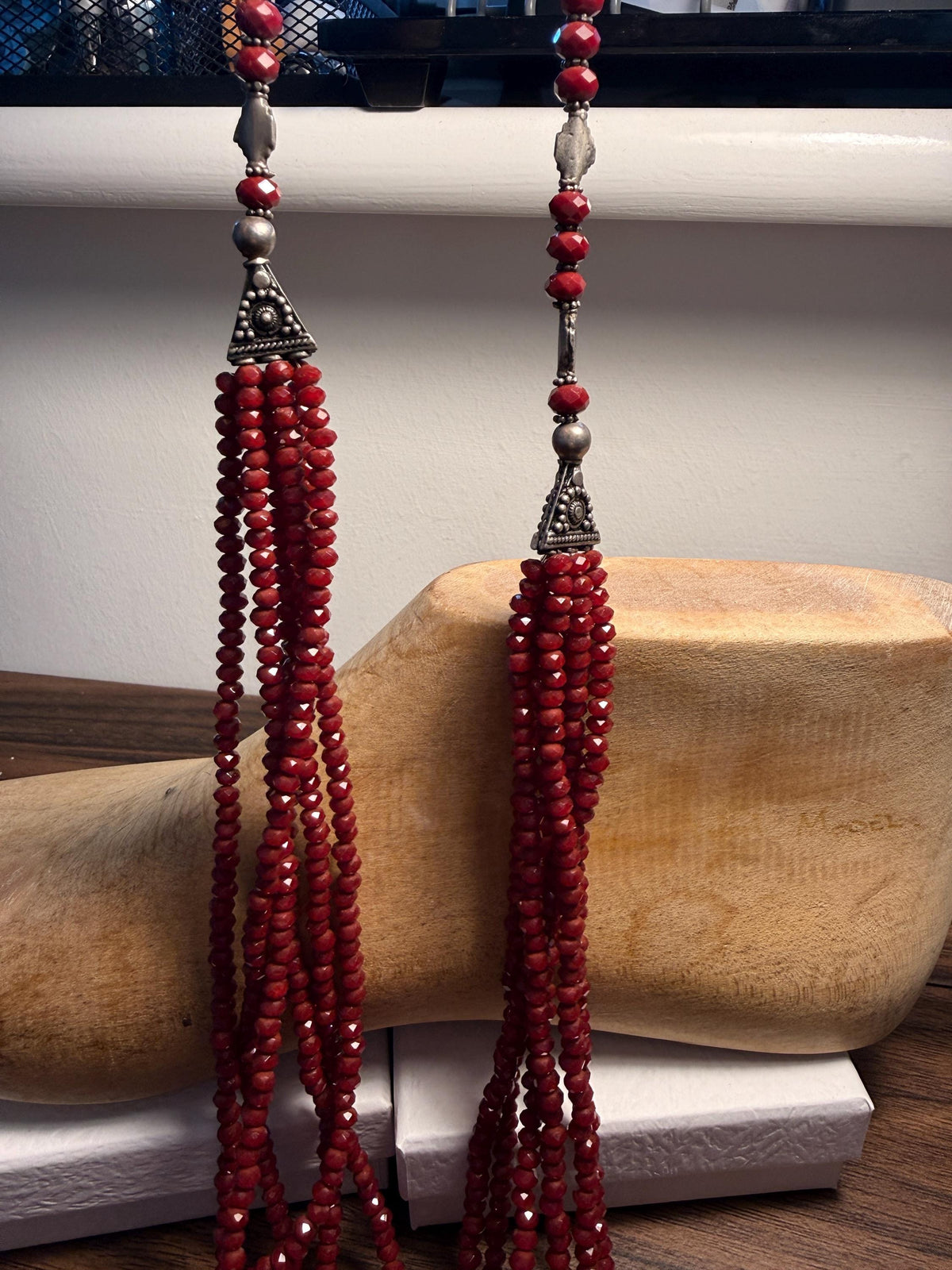 Vintage Multi Strand Red Bead Necklace – Faceted Crimson Beads, Ornate Silver Tone Statement Jewellery