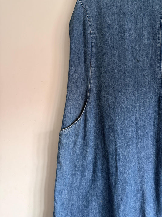 Vintage 1990s Blue Denim Maxi Dress – Sleeveless Pinafore Dress with Large Pockets