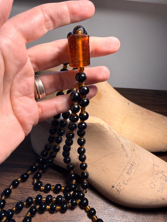 Vintage Long Black Glass Bead Necklace with Amber-Coloured Beads | Statement Costume Jewellery