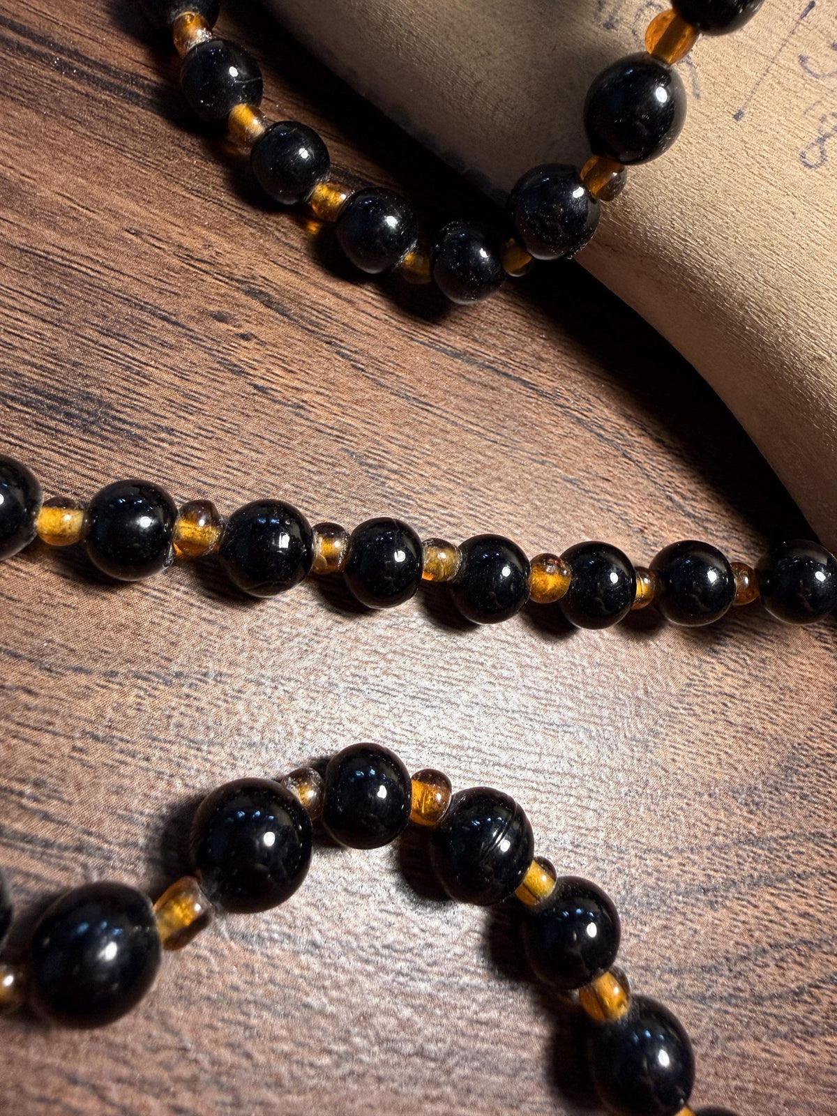 Vintage Long Black Glass Bead Necklace with Amber-Coloured Beads | Statement Costume Jewellery