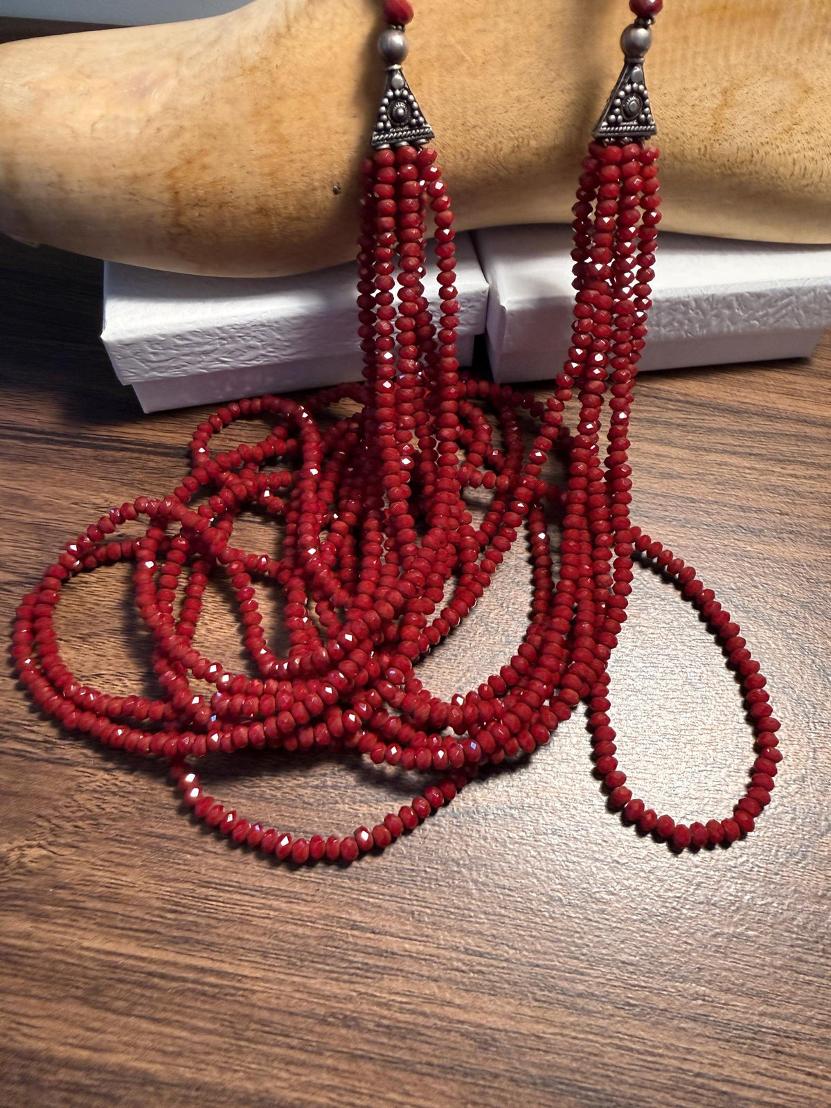 Vintage Multi Strand Red Bead Necklace – Faceted Crimson Beads, Ornate Silver Tone Statement Jewellery