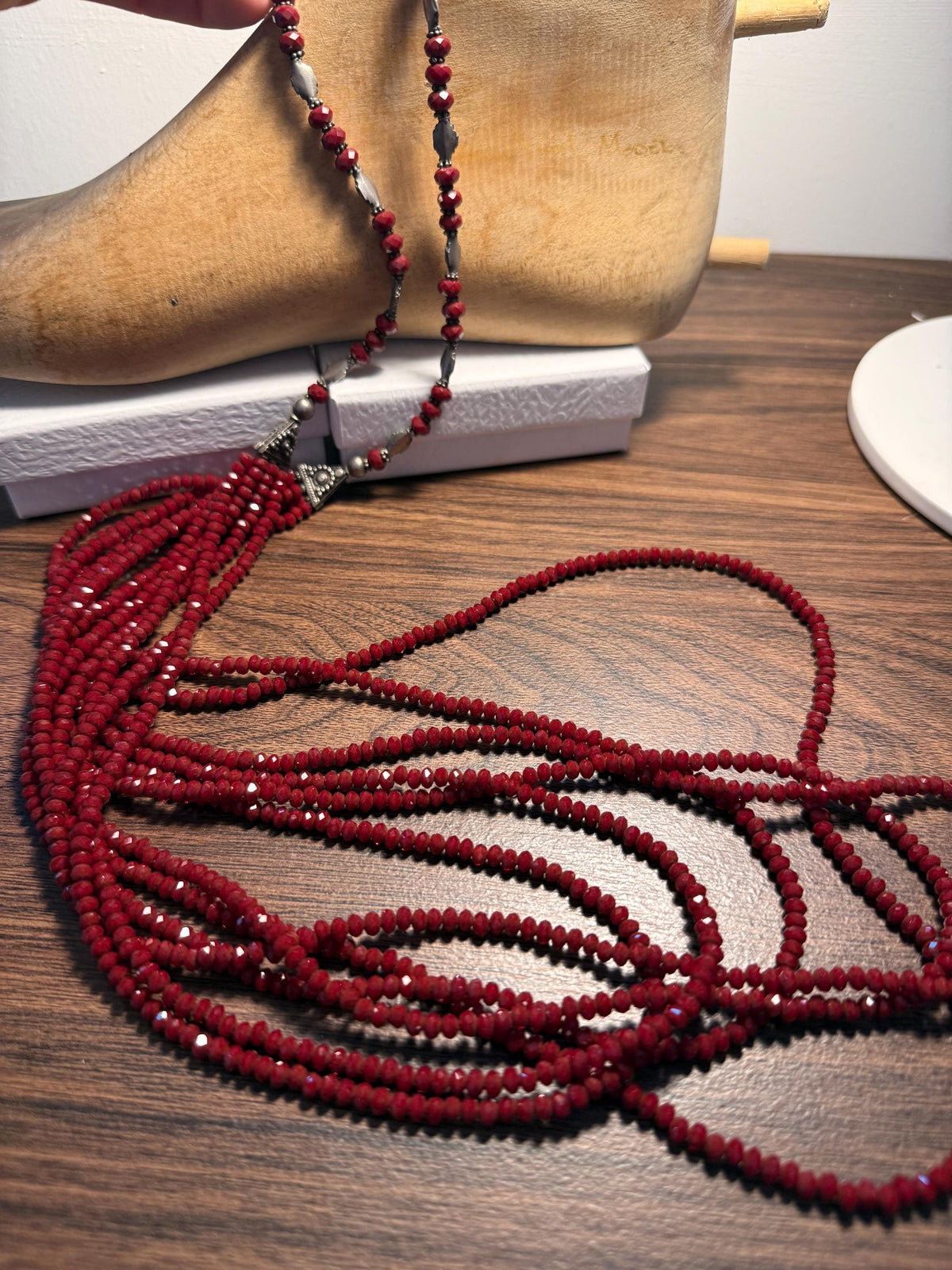 Vintage Multi Strand Red Bead Necklace – Faceted Crimson Beads, Ornate Silver Tone Statement Jewellery