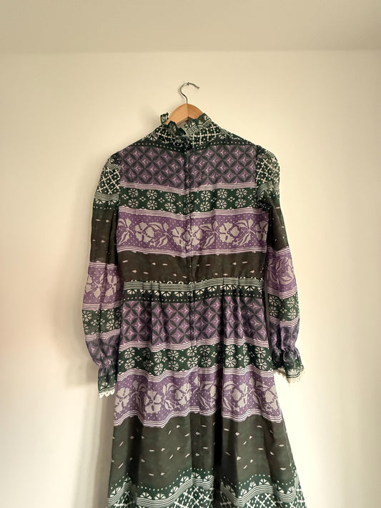 Vintage 1970s Purple and Green Prairie Maxi Dress – Floral Geometric Print, Ruffle Neck