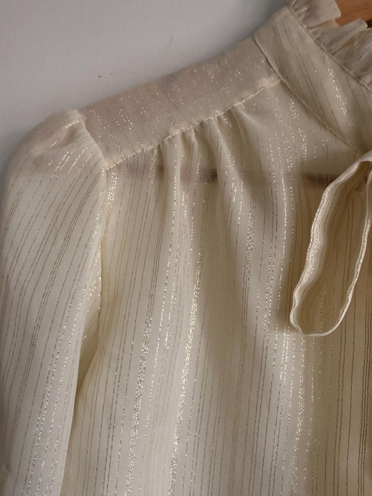 Vintage 1970s Cream Gold Stripe Blouse – Ruffle Collar Pussy Bow Shirt