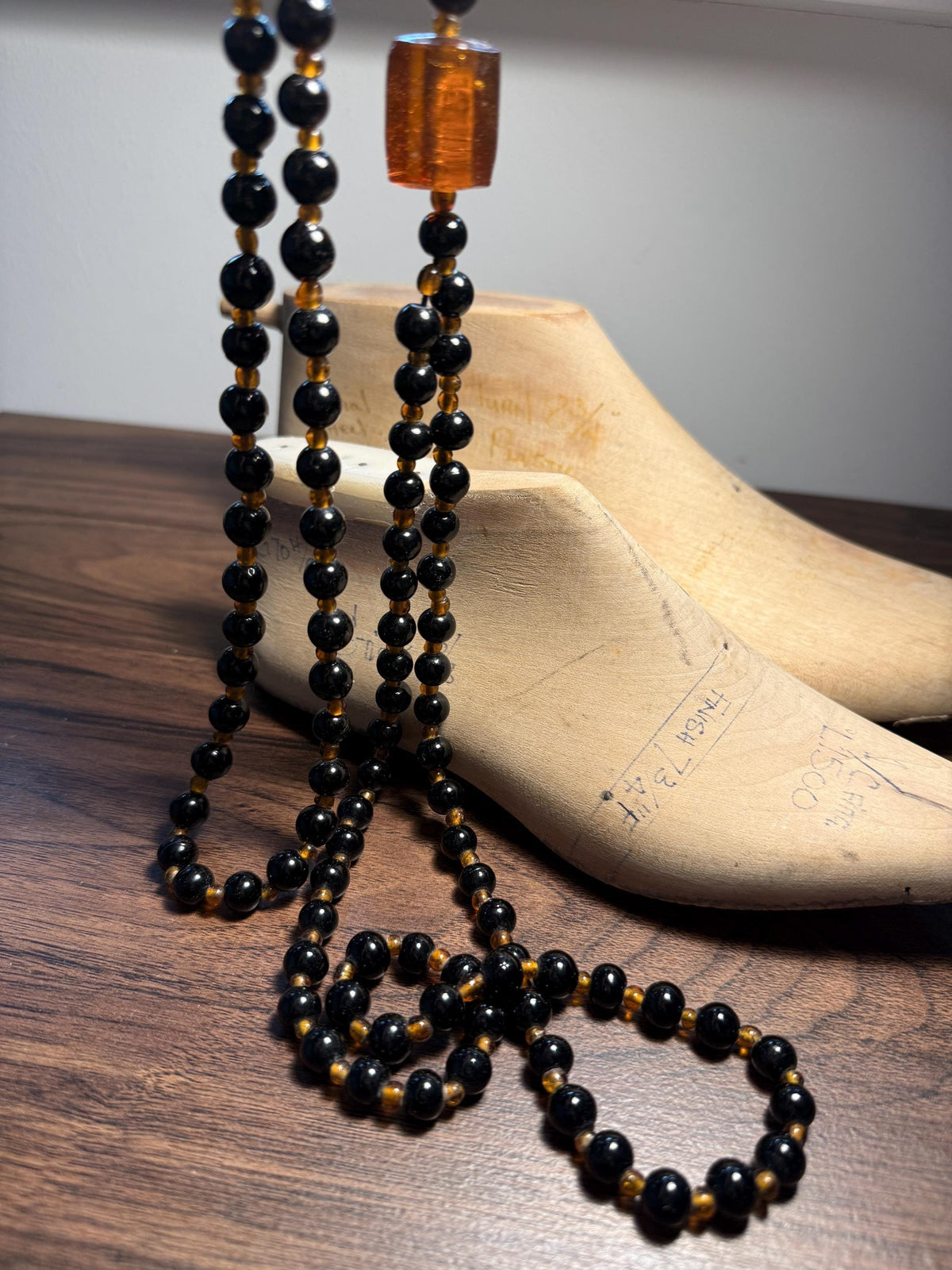 Vintage Long Black Glass Bead Necklace with Amber-Coloured Beads | Statement Costume Jewellery