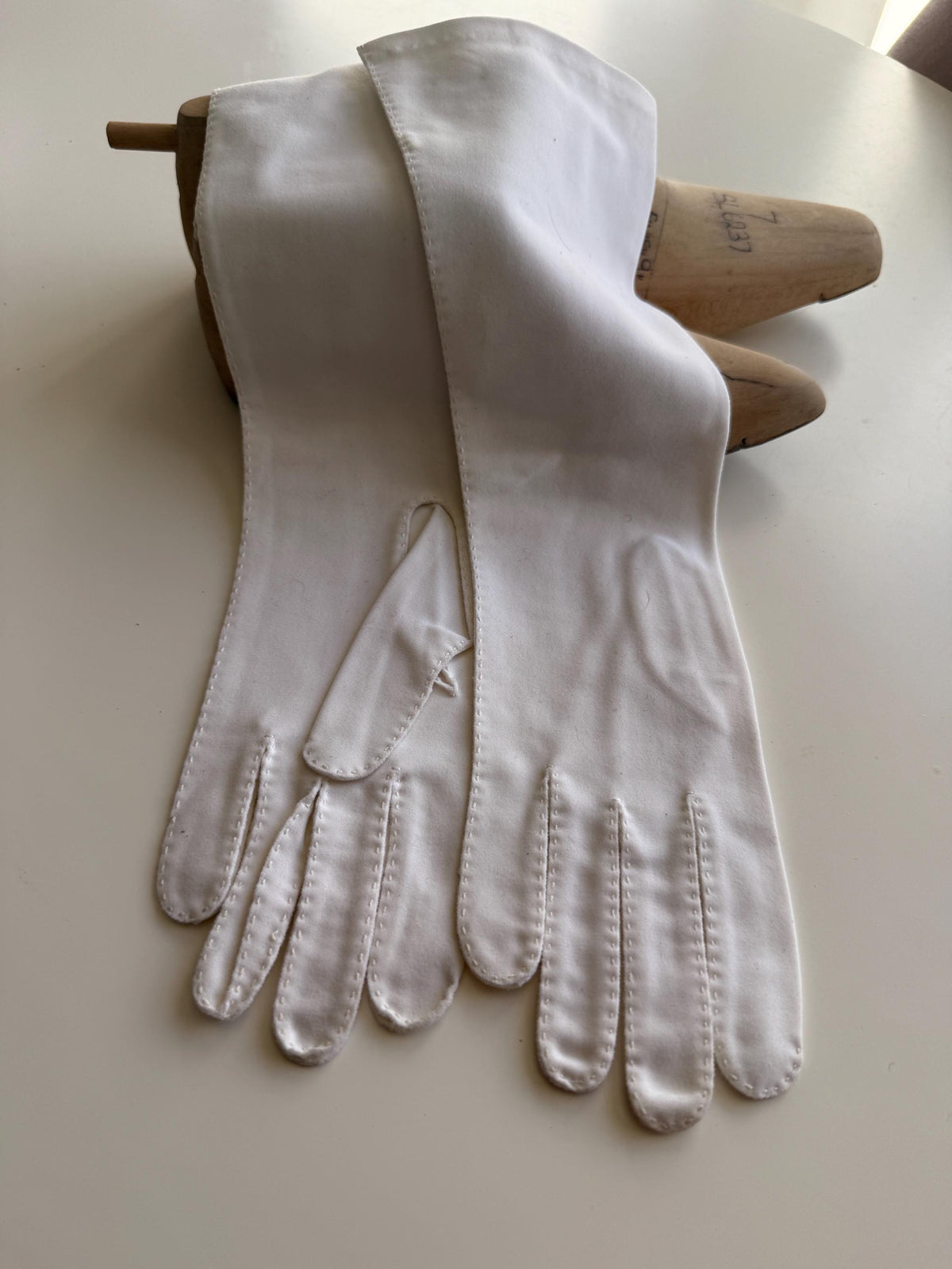 Vintage White Long Gloves with Stitched Edging and Neyret Packaging