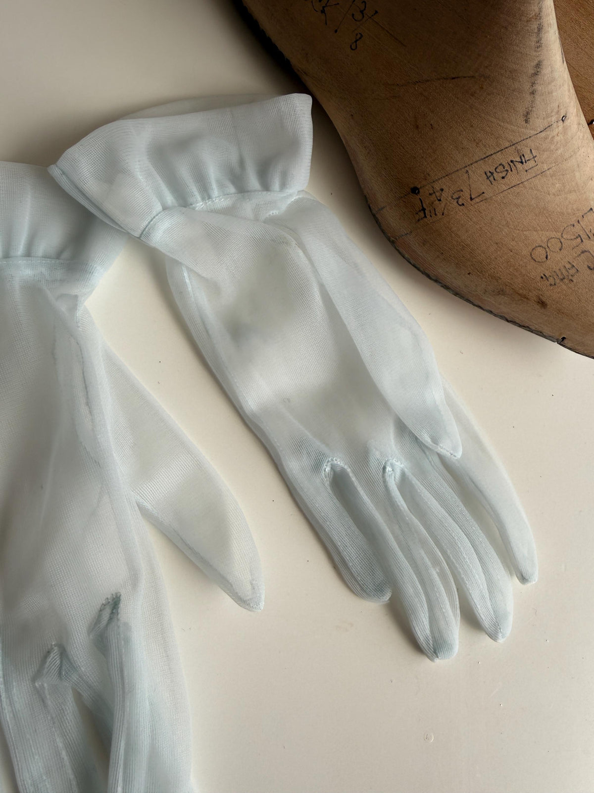 Vintage Ice Blue Sheer Gloves – Gathered Frill Cuffs, Plain Mesh, Bridal Occasion Accessories