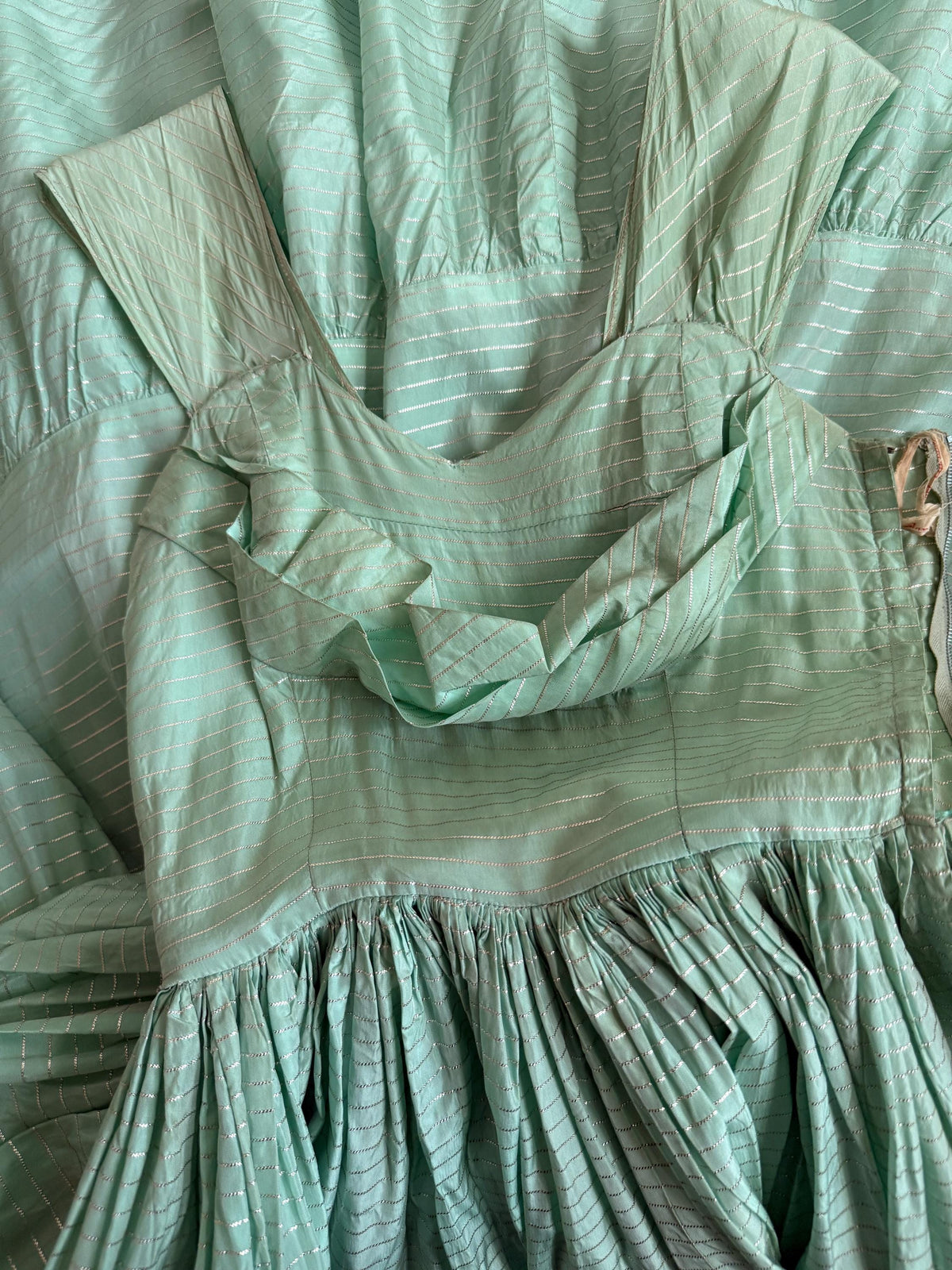 Vintage Robert Dorland for Bourne & Hollingsworth Evening Dress – Peppermint Green, Silver Stripes, Full Tiered Skirt