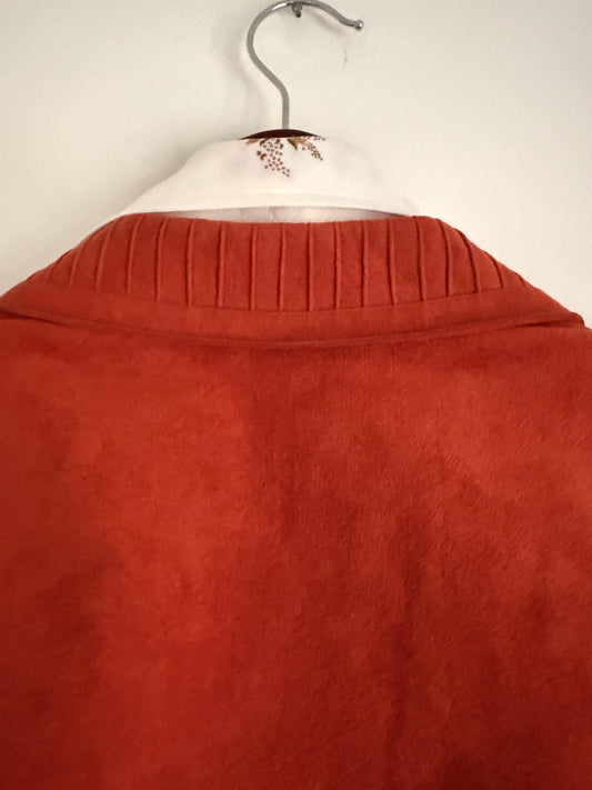 Vintage Rust Orange Faux Suede Skirt Suit, Tailored Two Piece with Covered Buttons and Decorative Stitching