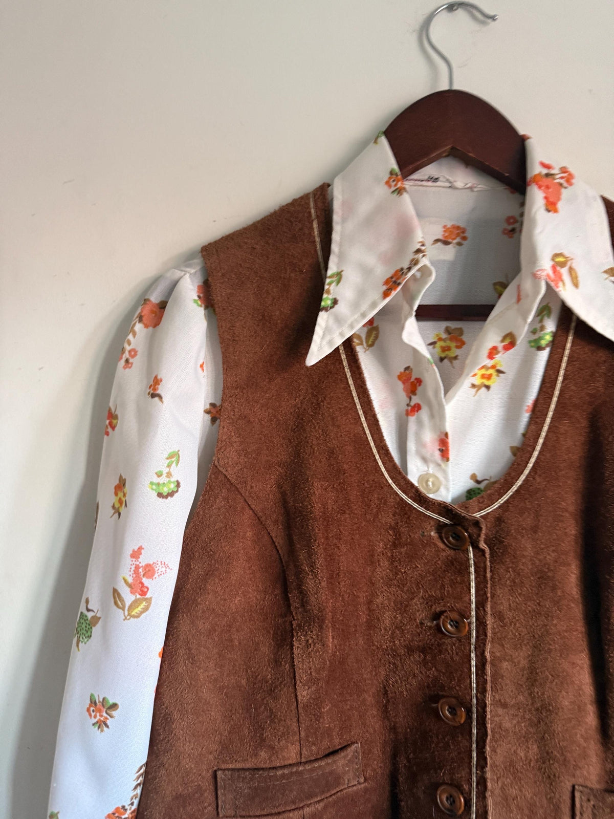 Vintage Highway Brown Suede Waistcoat, Made in England, Button Front Vest with Contrast Stitching and Back Half Belt