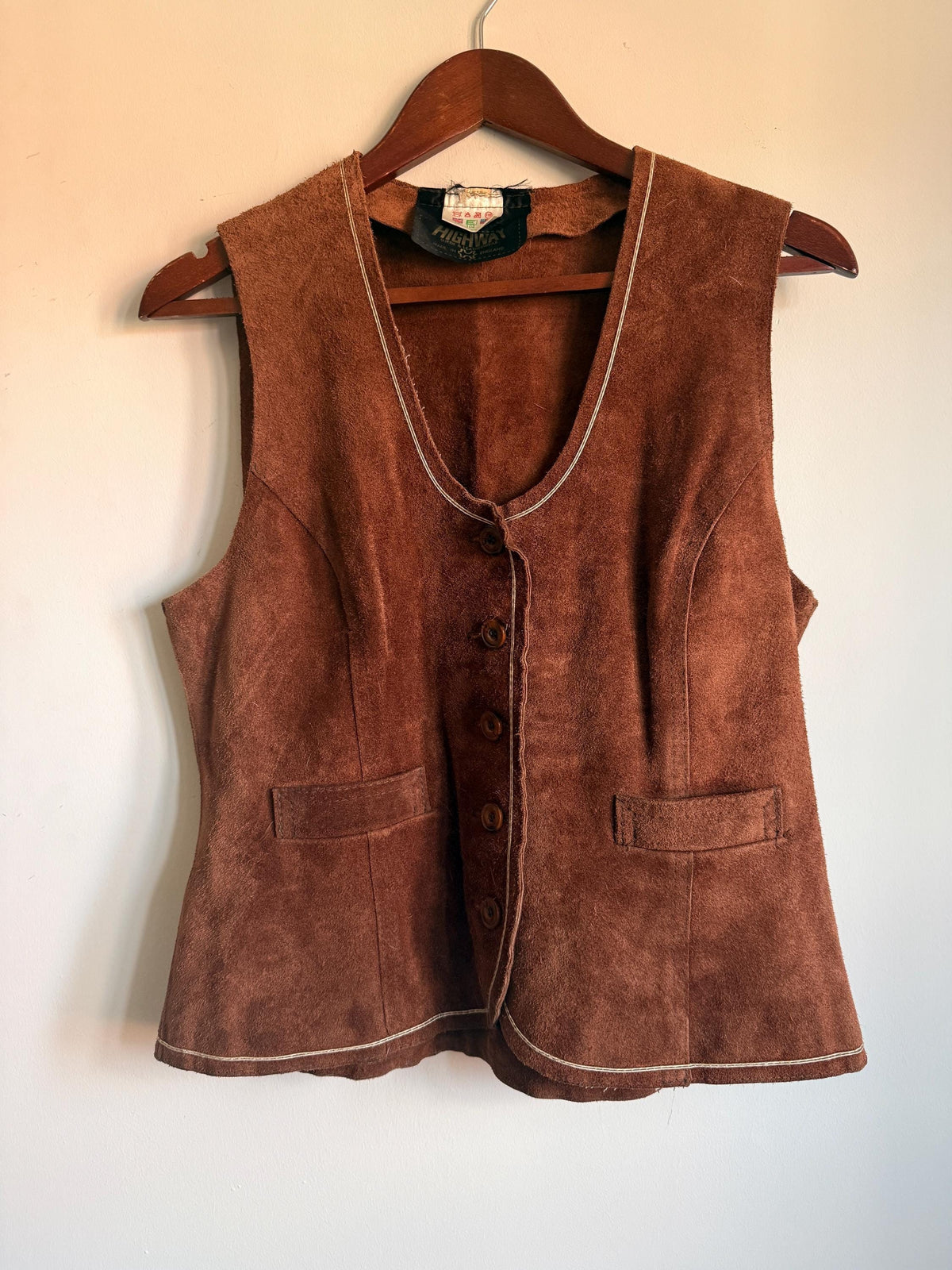 Vintage Highway Brown Suede Waistcoat, Made in England, Button Front Vest with Contrast Stitching and Back Half Belt