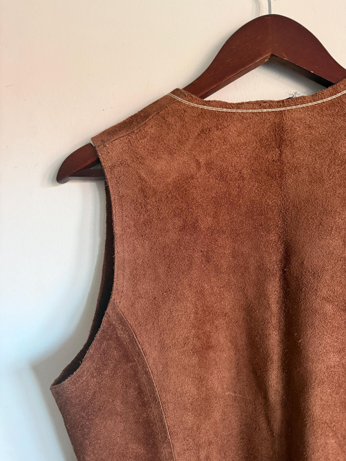 Vintage Highway Brown Suede Waistcoat, Made in England, Button Front Vest with Contrast Stitching and Back Half Belt