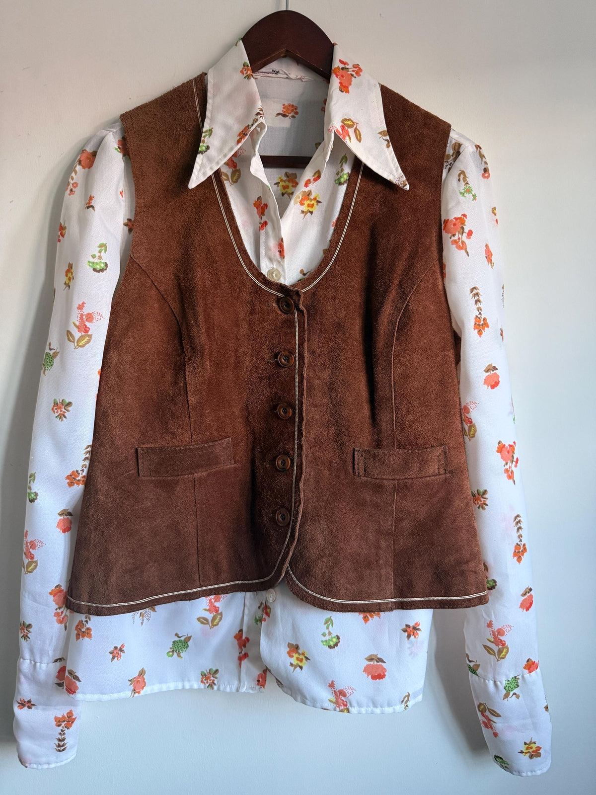 Vintage Highway Brown Suede Waistcoat, Made in England, Button Front Vest with Contrast Stitching and Back Half Belt