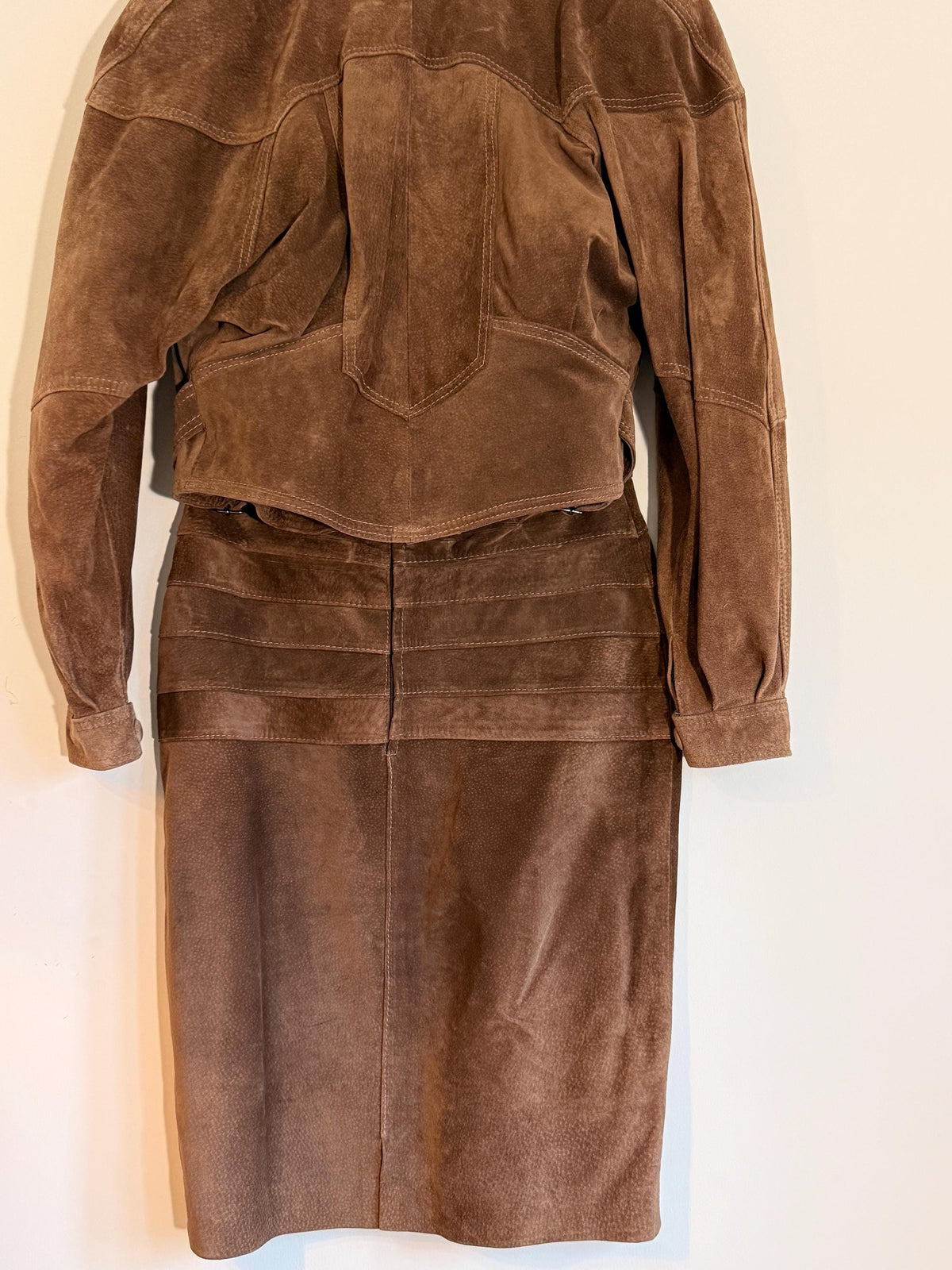 Vintage Brown Suede Skirt Suit, Cropped Buckle Jacket Sculpted Panel Detail, Genuine Leather Two Piece Western Style CoOrd, 1980s Womenswear
