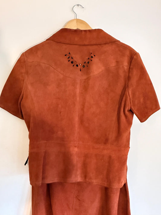 Vintage 1970s Rust Suede Skirt Suit, Cutwork Detail Belted Short Sleeve Jacket Flared Two Piece Made in England Labelled UK 16, Boho Outfit
