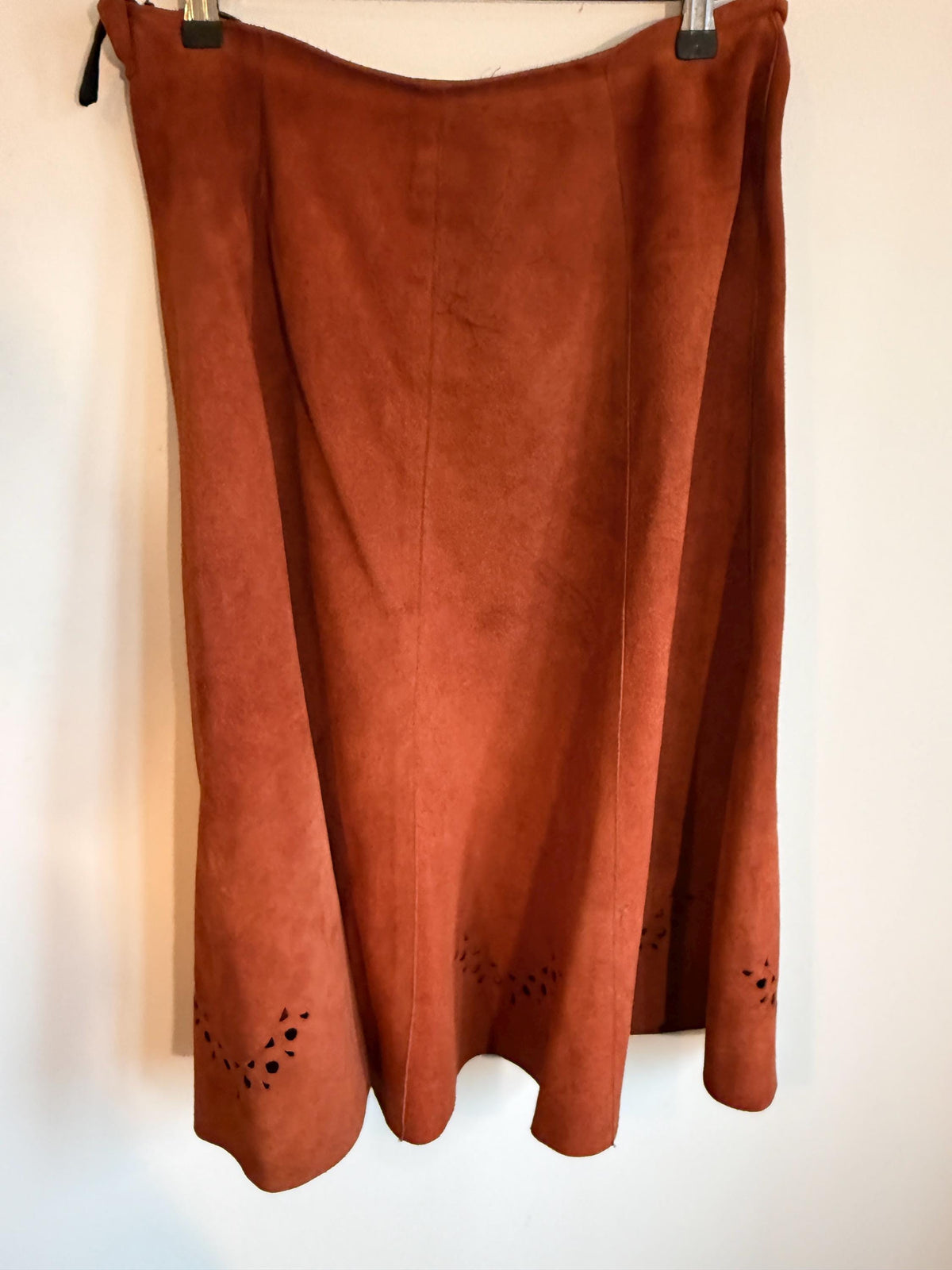 Vintage 1970s Rust Suede Skirt Suit, Cutwork Detail Belted Short Sleeve Jacket Flared Two Piece Made in England Labelled UK 16, Boho Outfit
