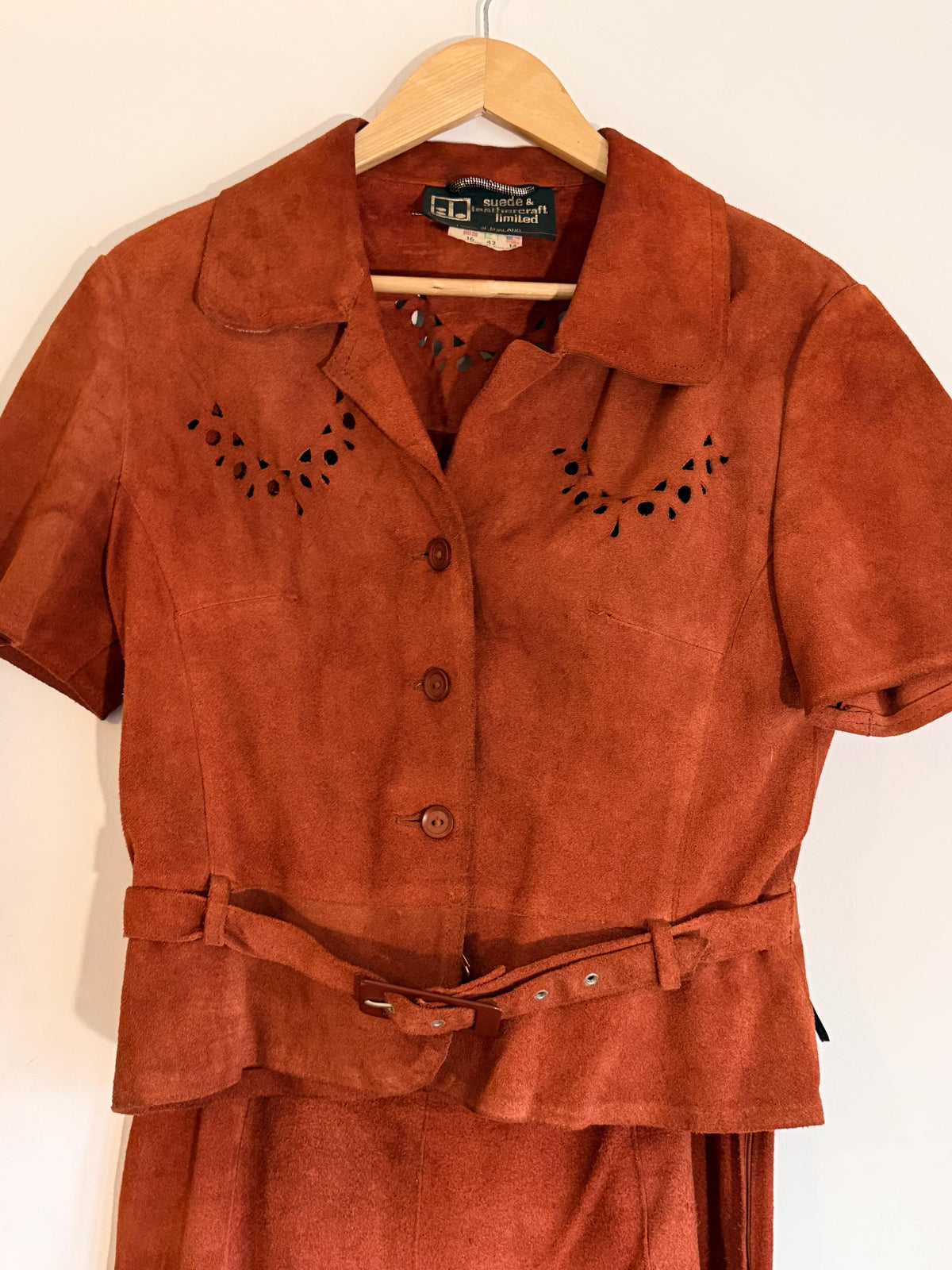 Vintage 1970s Rust Suede Skirt Suit, Cutwork Detail Belted Short Sleeve Jacket Flared Two Piece Made in England Labelled UK 16, Boho Outfit