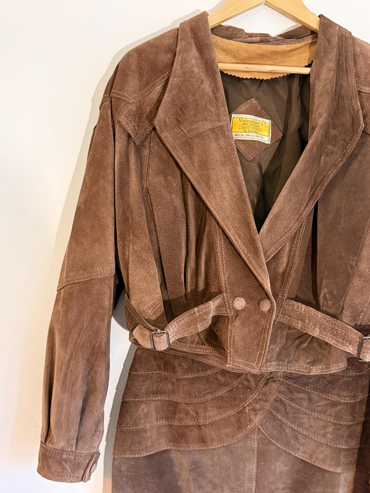 Vintage Brown Suede Skirt Suit, Cropped Buckle Jacket Sculpted Panel Detail, Genuine Leather Two Piece Western Style CoOrd, 1980s Womenswear