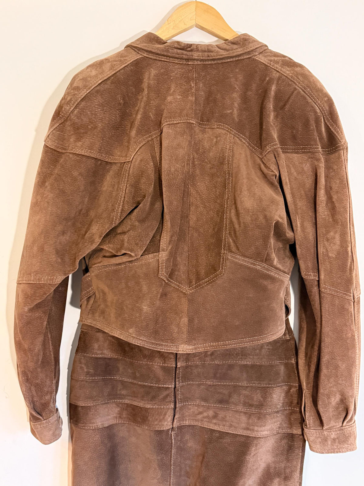 Vintage Brown Suede Skirt Suit, Cropped Buckle Jacket Sculpted Panel Detail, Genuine Leather Two Piece Western Style CoOrd, 1980s Womenswear