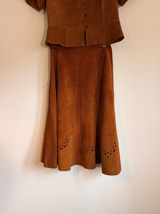 Vintage 1970s Tan Suede Skirt Suit Cutwork Short Sleeve Jacket Flared Panelled Two Piece Rust Leather Co Ord, Boho Western Autumn Outfit