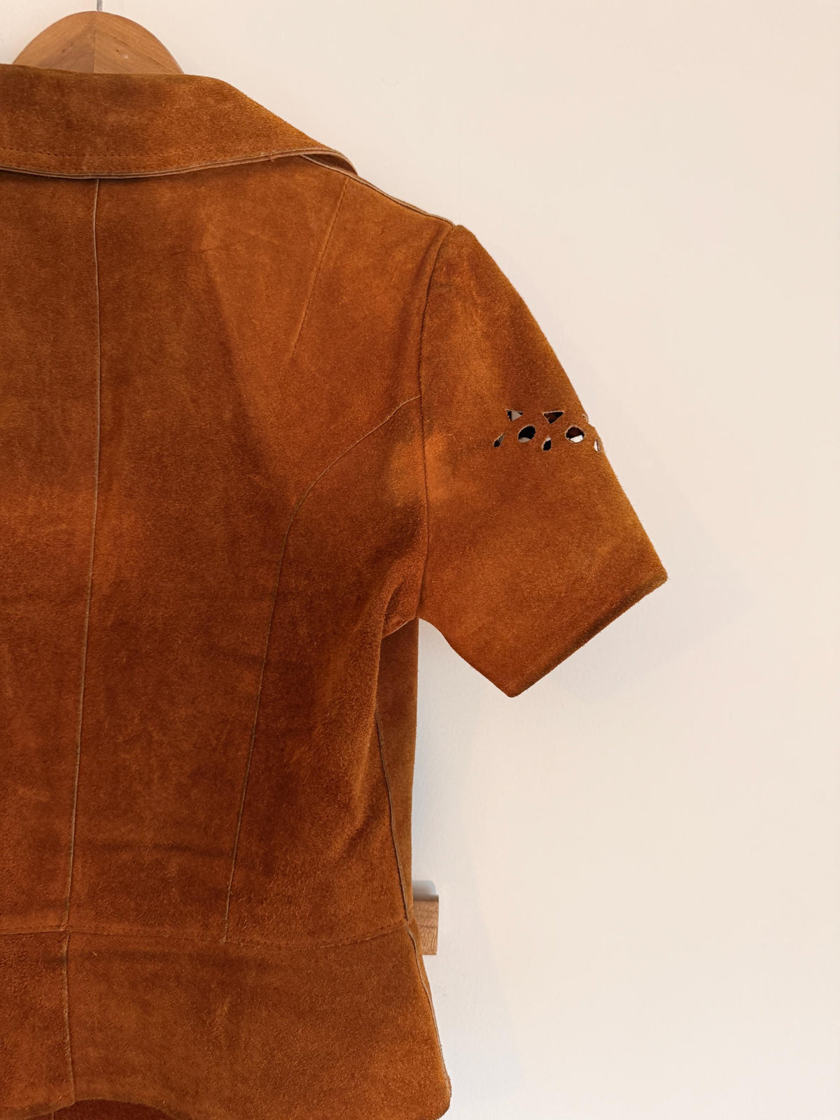 Vintage 1970s Tan Suede Skirt Suit Cutwork Short Sleeve Jacket Flared Panelled Two Piece Rust Leather Co Ord, Boho Western Autumn Outfit