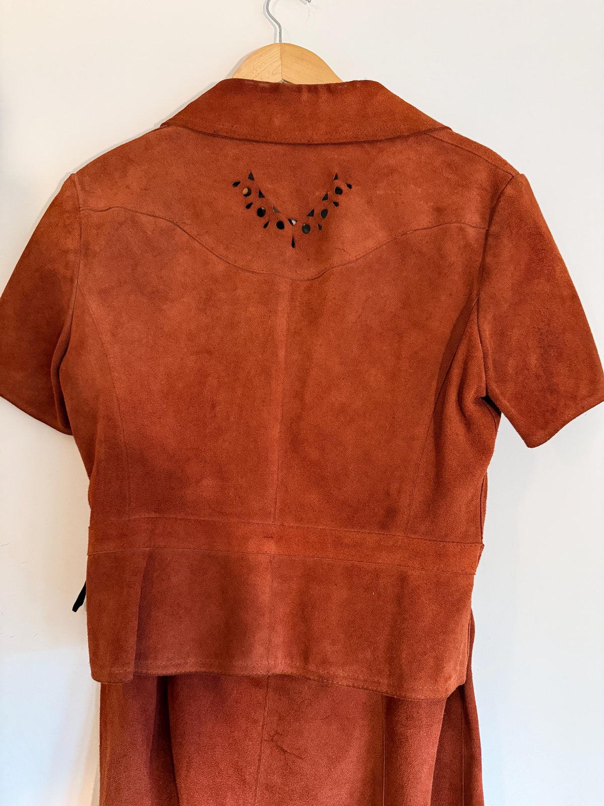 Vintage 1970s Rust Suede Skirt Suit, Cutwork Detail Belted Short Sleeve Jacket Flared Two Piece Made in England Labelled UK 16, Boho Outfit