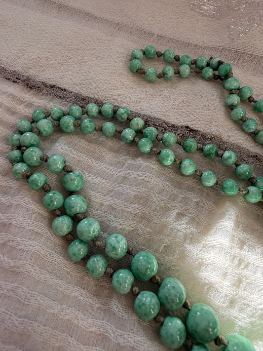1930s Art Deco Green Glass Bead Necklace, Graduated Knotted Czech Crumb Glass Beads, Long Flapper Sautoir