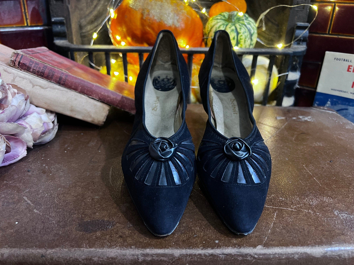 1940’s Vintage Shoes Black Suede Gold Cross Shoes Black Suede UK5.5 - Vintage stiletto - Vintage Shoes, 1940s Vintage Footwear, vintage shoe