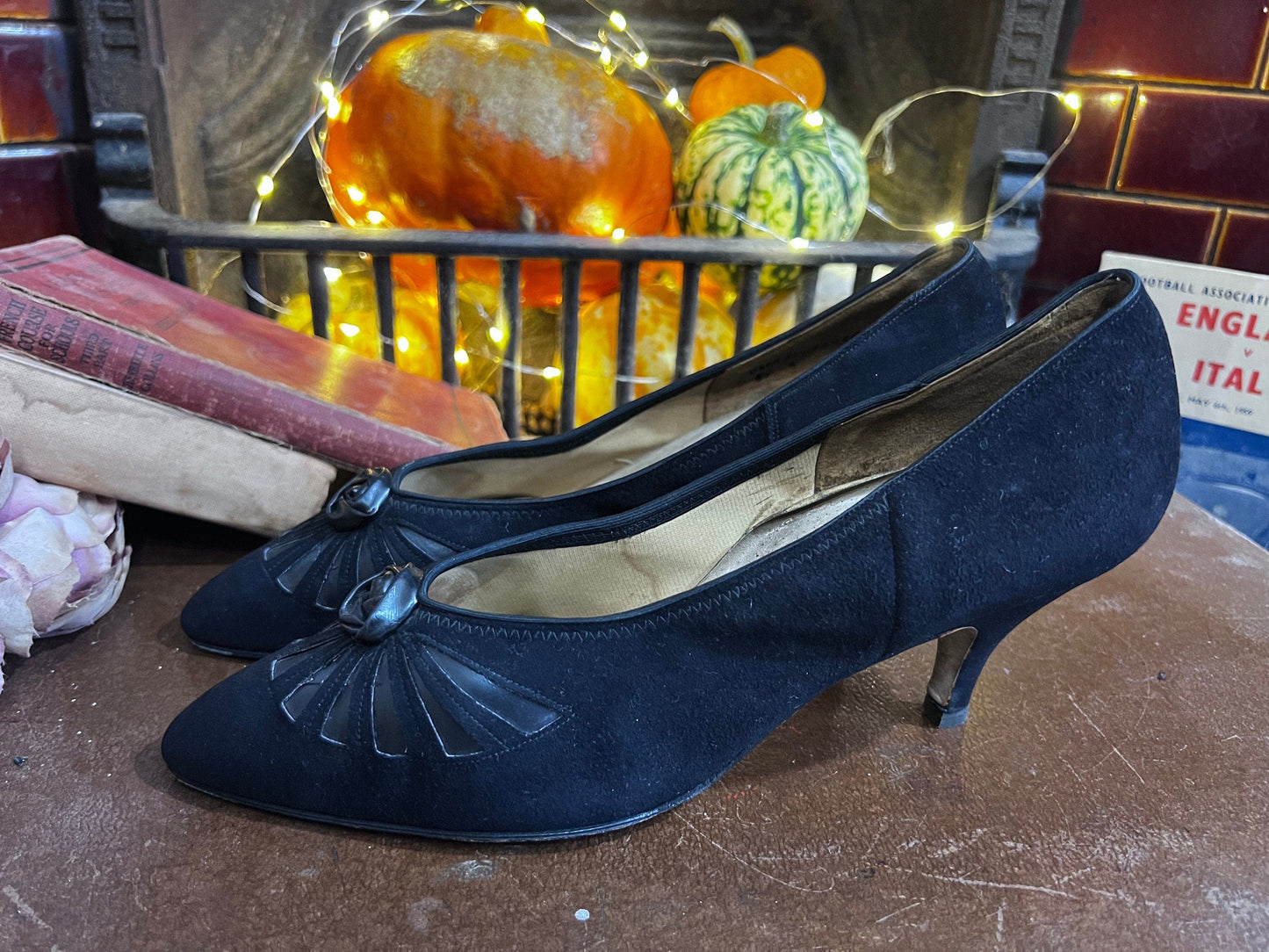 1940’s Vintage Shoes Black Suede Gold Cross Shoes Black Suede UK5.5 - Vintage stiletto - Vintage Shoes, 1940s Vintage Footwear, vintage shoe