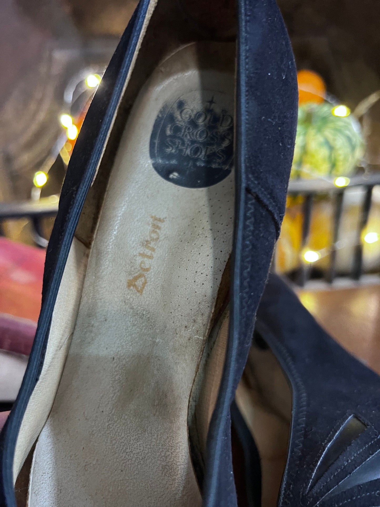 1940’s Vintage Shoes Black Suede Gold Cross Shoes Black Suede UK5.5 - Vintage stiletto - Vintage Shoes, 1940s Vintage Footwear, vintage shoe