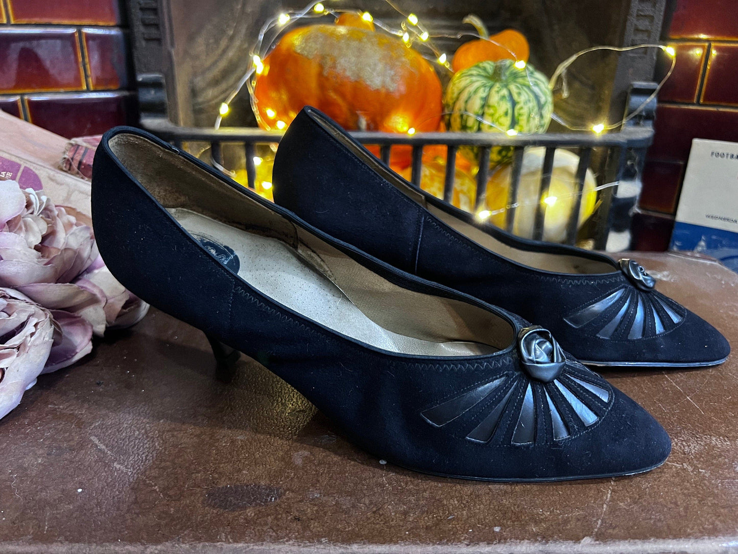 1940’s Vintage Shoes Black Suede Gold Cross Shoes Black Suede UK5.5 - Vintage stiletto - Vintage Shoes, 1940s Vintage Footwear, vintage shoe