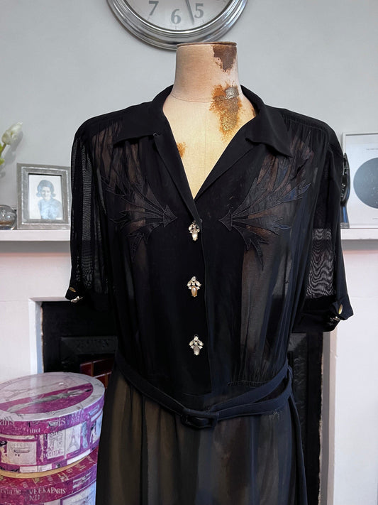 1940s Tea dress black sheer dress with floral pattern button front dress with side zip short sleeve sheer dress, vintage dress,