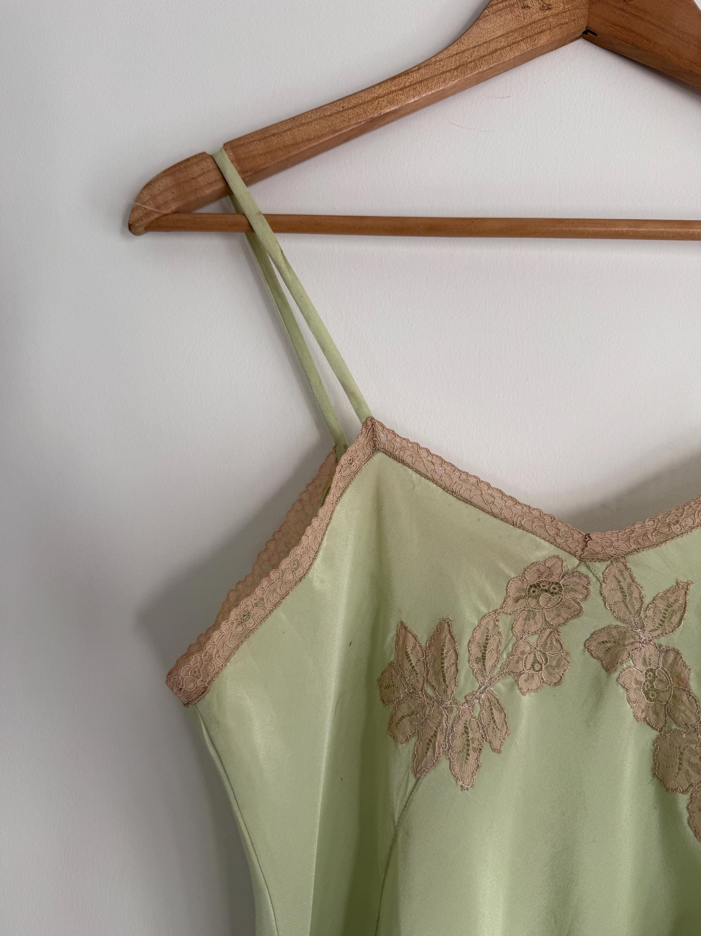 1950s Pistachio Green Satin Slip Dress | Full Length Lace Nightdress, Bias Cut Lingerie