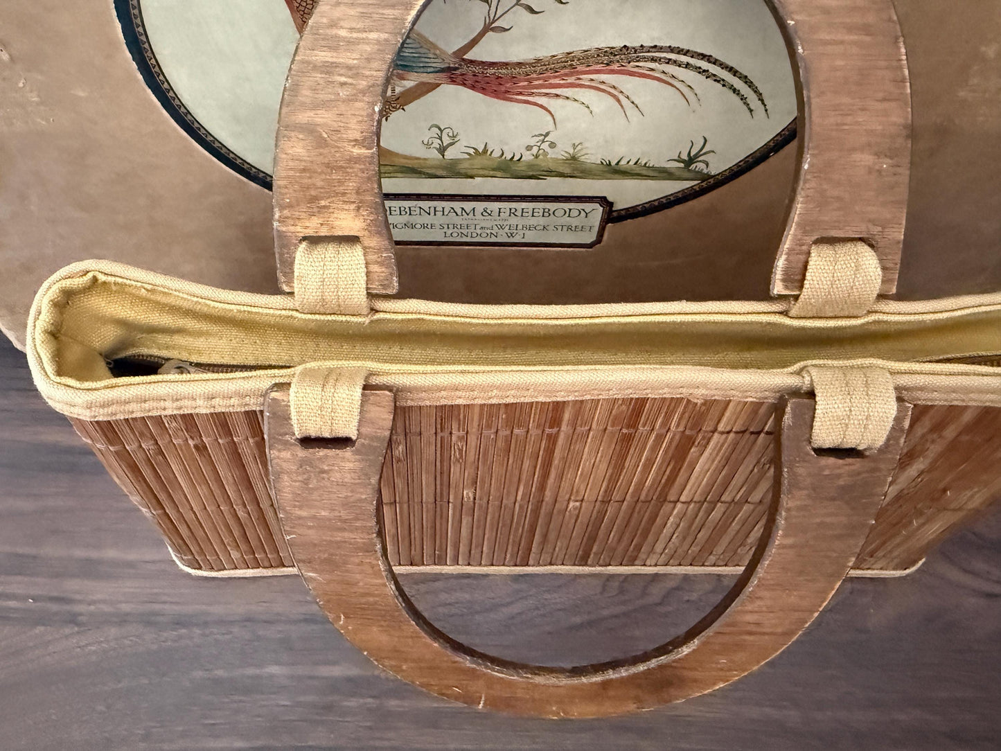 1950s Vintage Bamboo Handbag Wooden Handle Reed Basket Bag Mid Century Summer Purse