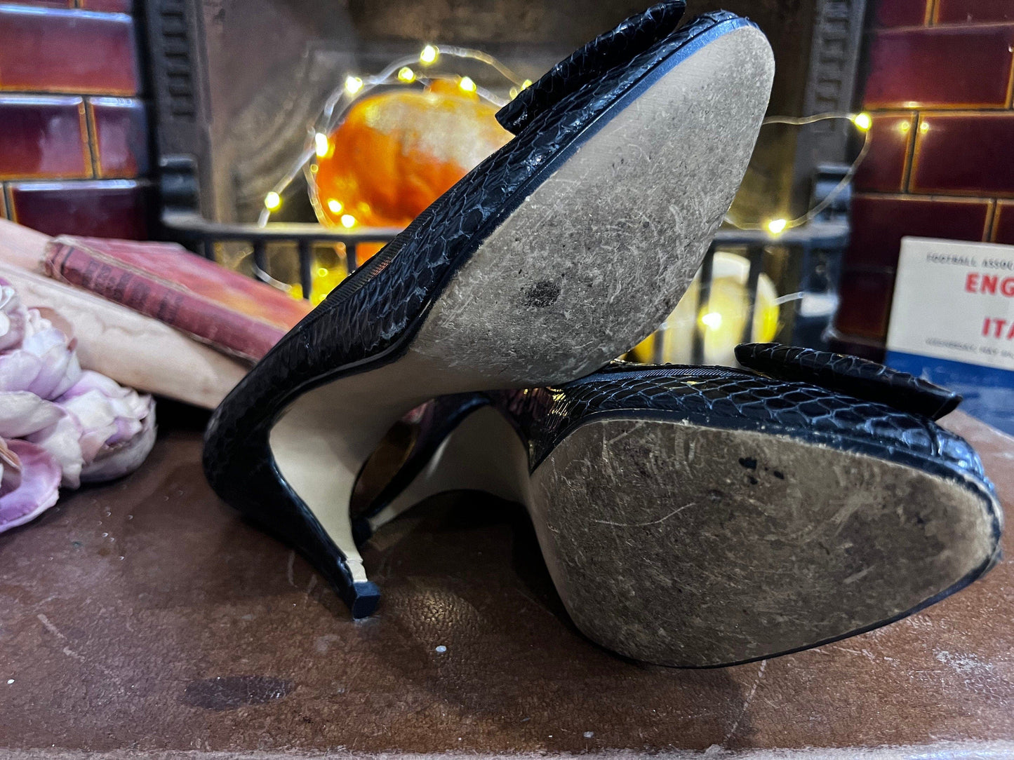 1950s Vintage J Renee Snakeskin Mesh shoes Black Suede Crochet UK 6 - Vintage Peep Toe - Vintage Shoes, 1950s ladies shoes, black bow front
