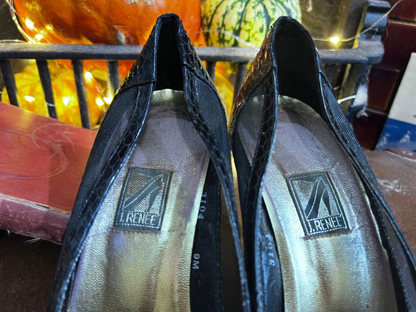 1950s Vintage J Renee Snakeskin Mesh shoes Black Suede Crochet UK 6 - Vintage Peep Toe - Vintage Shoes, 1950s ladies shoes, black bow front