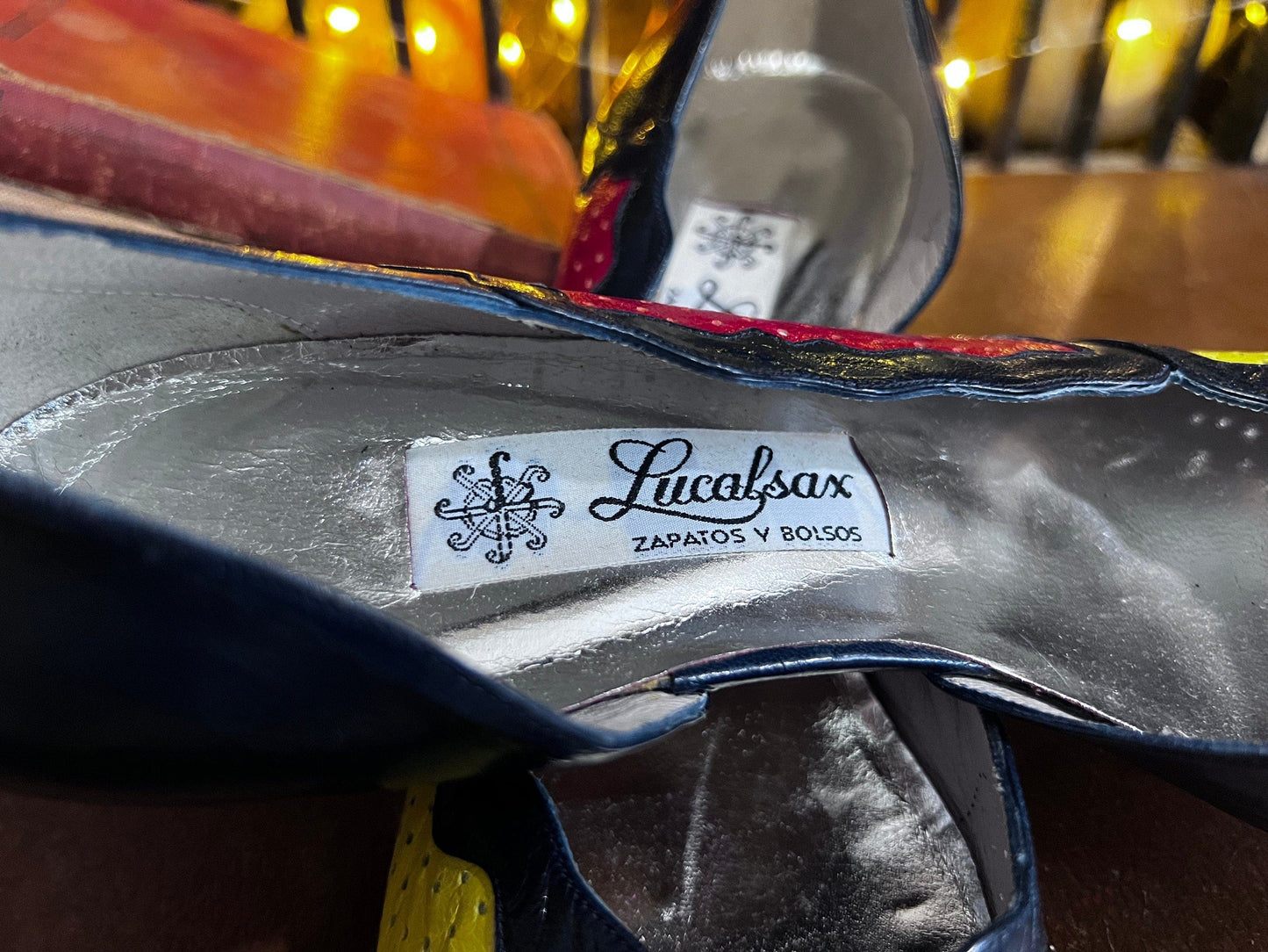 1950s Vintage Navy Yellow Kitten Heel shoes Patchwork Punchwork UK6 - Vintage Stilettos - Vintage Shoes, 1950s 60s - Lucal Sax - UNWORN