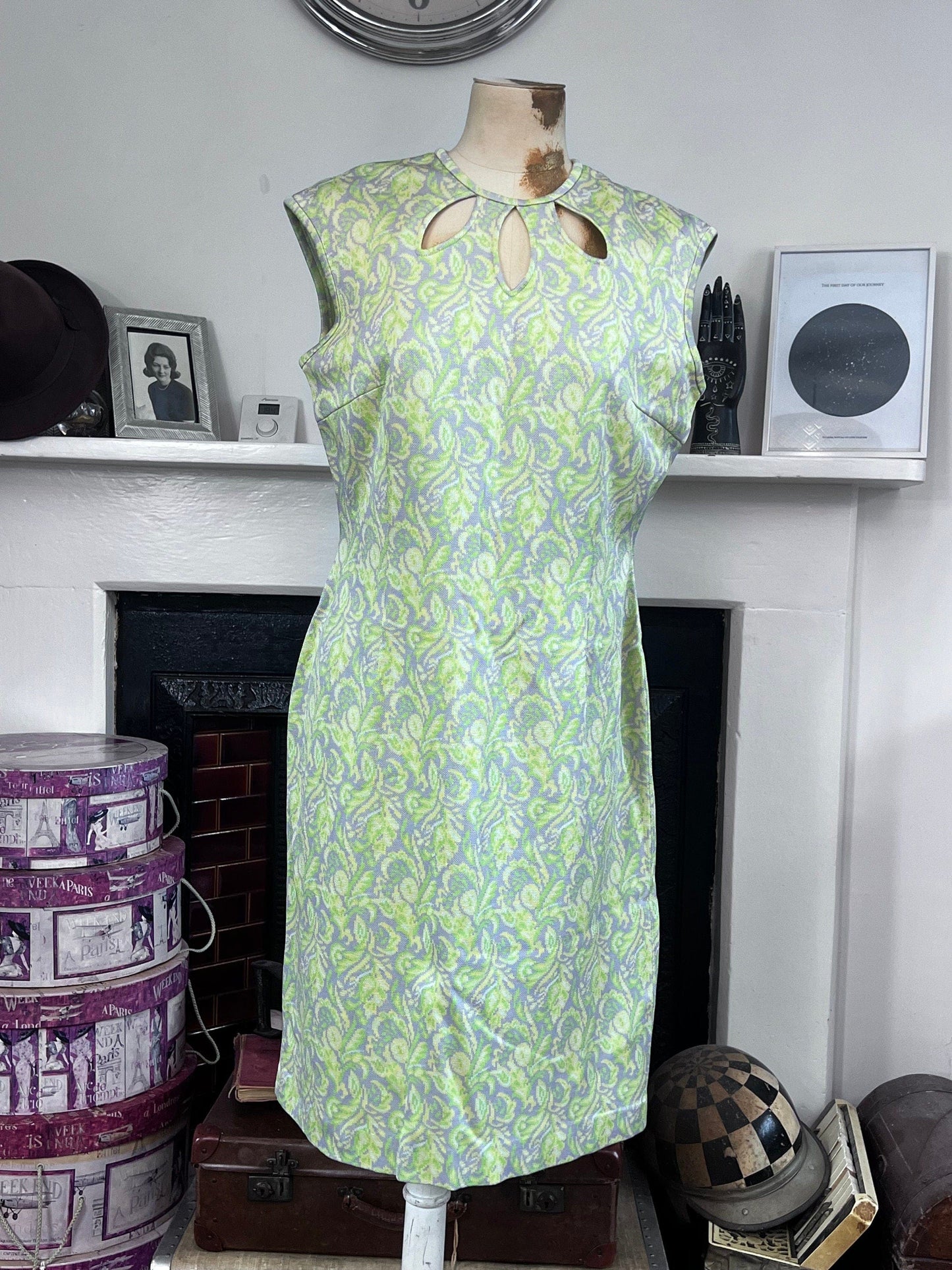1960s vintage Dress Green Purple Floral Mini Dress - Sleeveless Handmade, cut out teardrop neckline, vintage dress, 1970s mini dress, mini