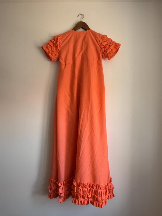 1970s Coral Maxi Dress | Ruffle Sleeve Boho Prairie Occasion Dress