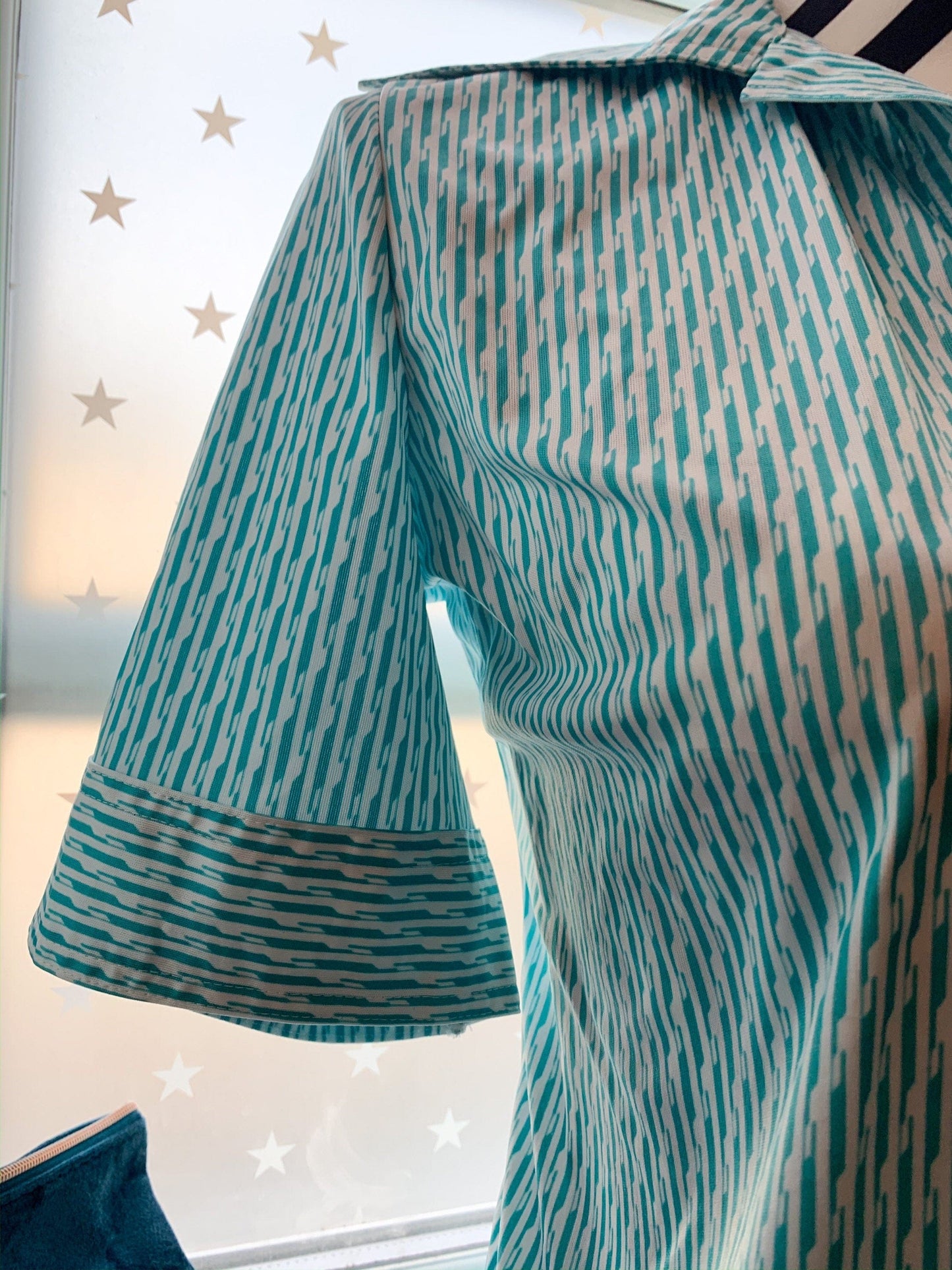 70s vintage Blouse Shirt 70s Vintage Japanese turquoise blue stripe short sleeve pattern blouse western shirt dagger collars