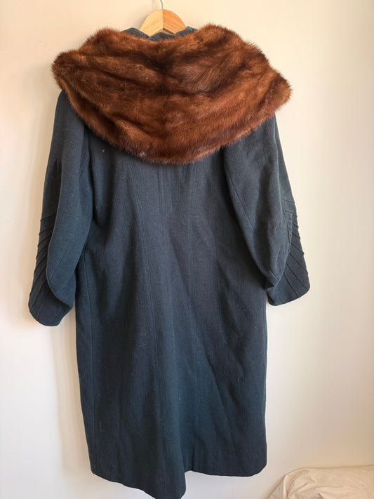 1920s Art Deco Wool Coat with Mink Fur Collar Black Cocoon Flapper Evening Coat
