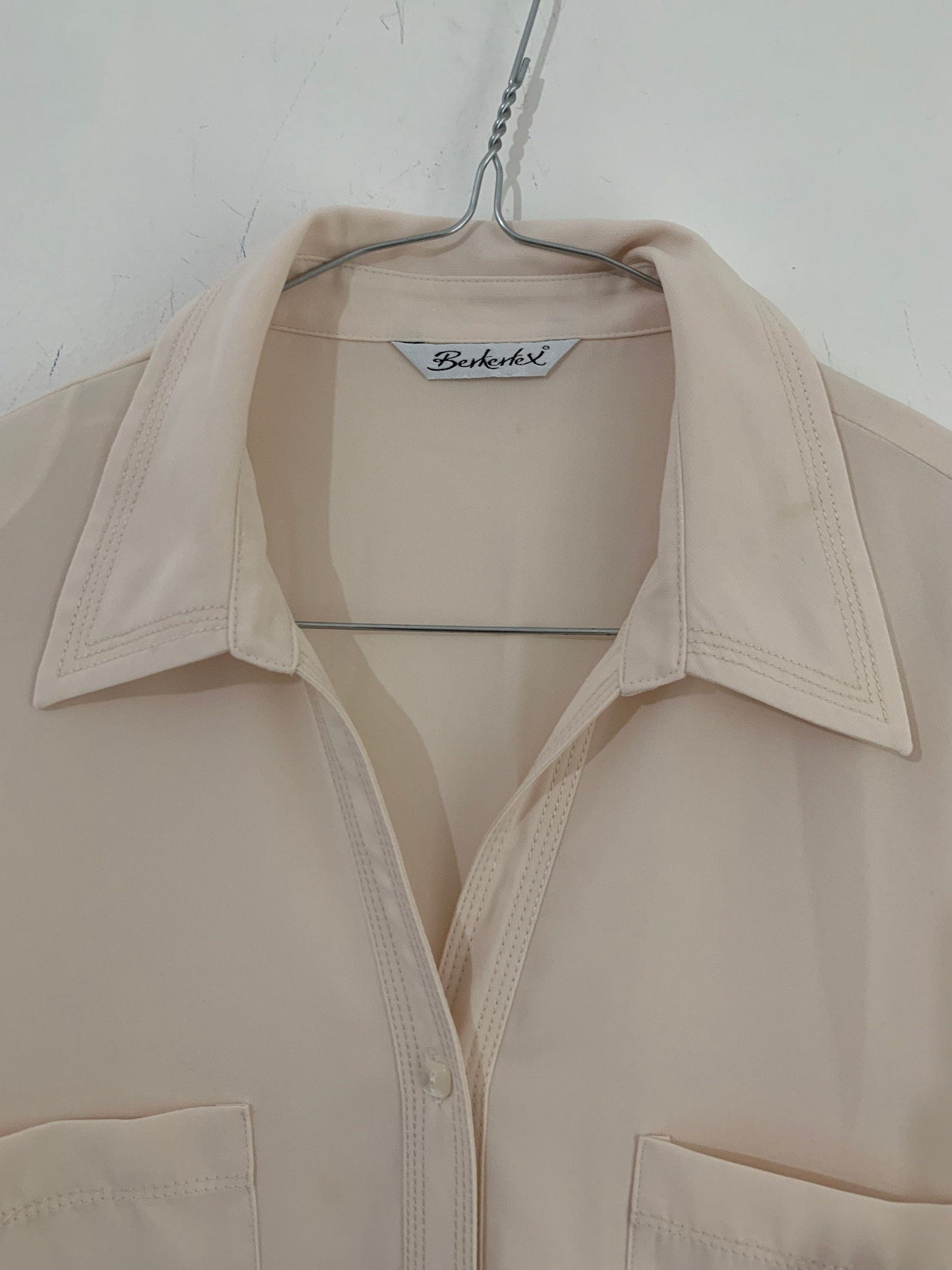 Cream Vintage Blouse Semi Sheer Button Through Boxy short Sleeves - Size 14