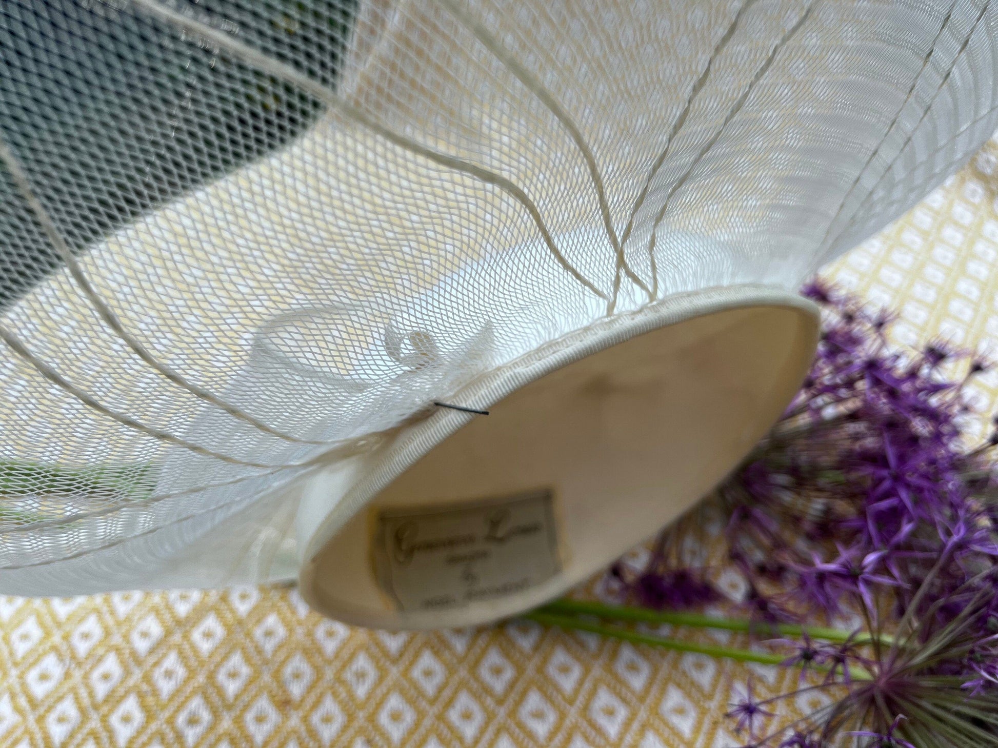 Cream 1970’s sinamay Shimmer Wide Brim Tilt Perching Hat Ribbon, 70’s Tilt Hat , Perching Hat - Genevieve Louis, Nigel Rayment Vintage Hat