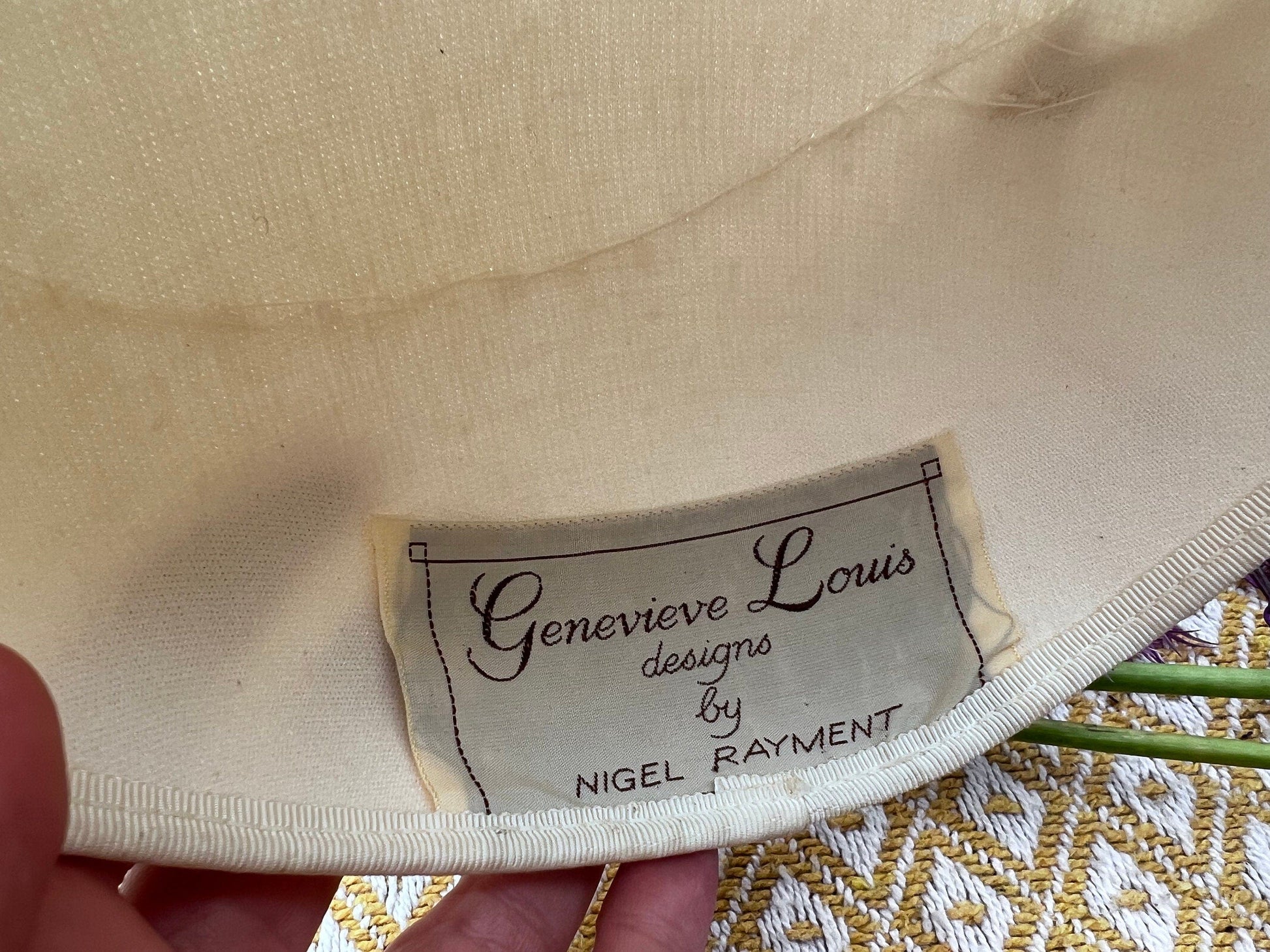 Cream 1970’s sinamay Shimmer Wide Brim Tilt Perching Hat Ribbon, 70’s Tilt Hat , Perching Hat - Genevieve Louis, Nigel Rayment Vintage Hat