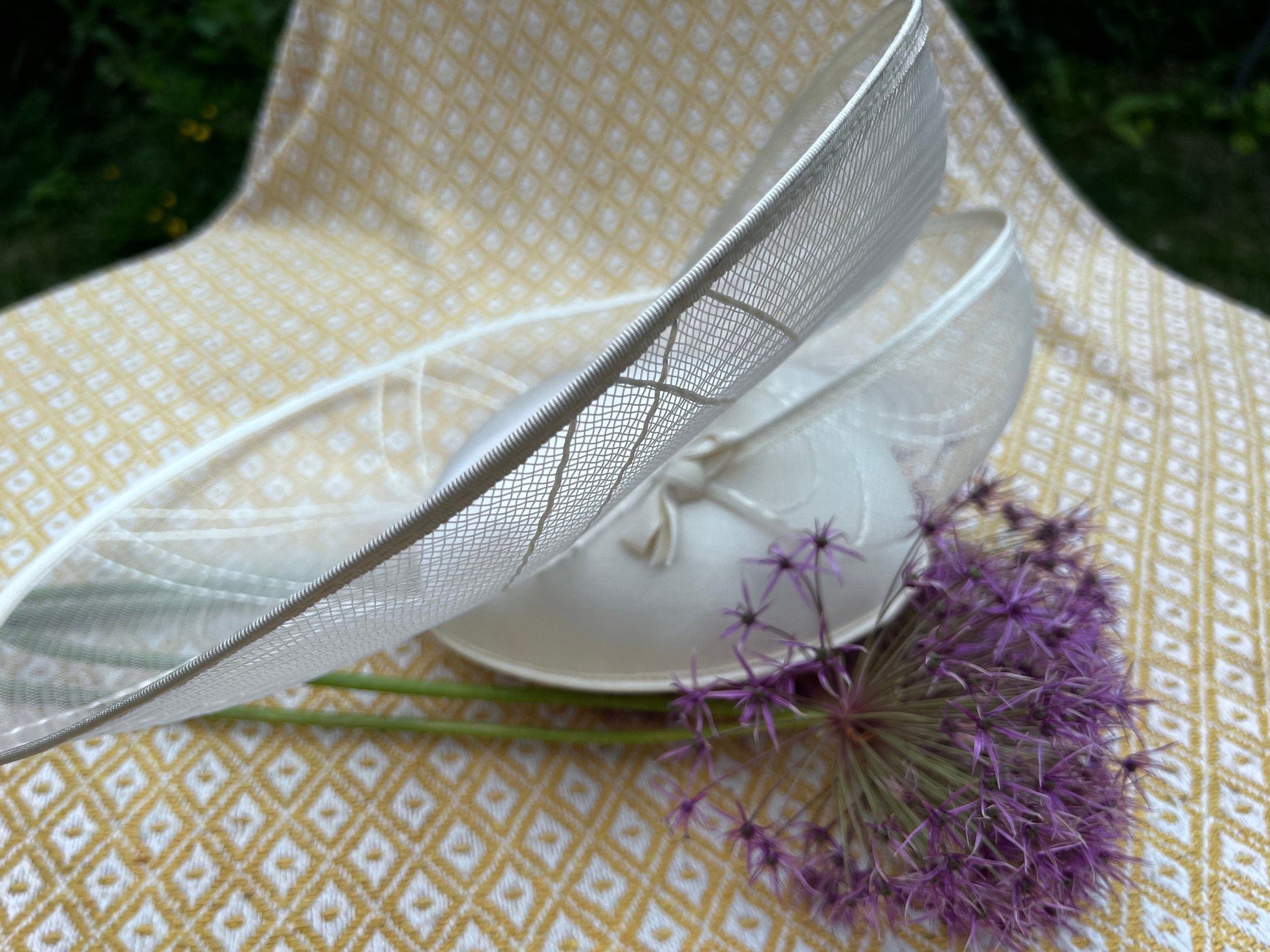 Cream 1970’s sinamay Shimmer Wide Brim Tilt Perching Hat Ribbon, 70’s Tilt Hat , Perching Hat - Genevieve Louis, Nigel Rayment Vintage Hat
