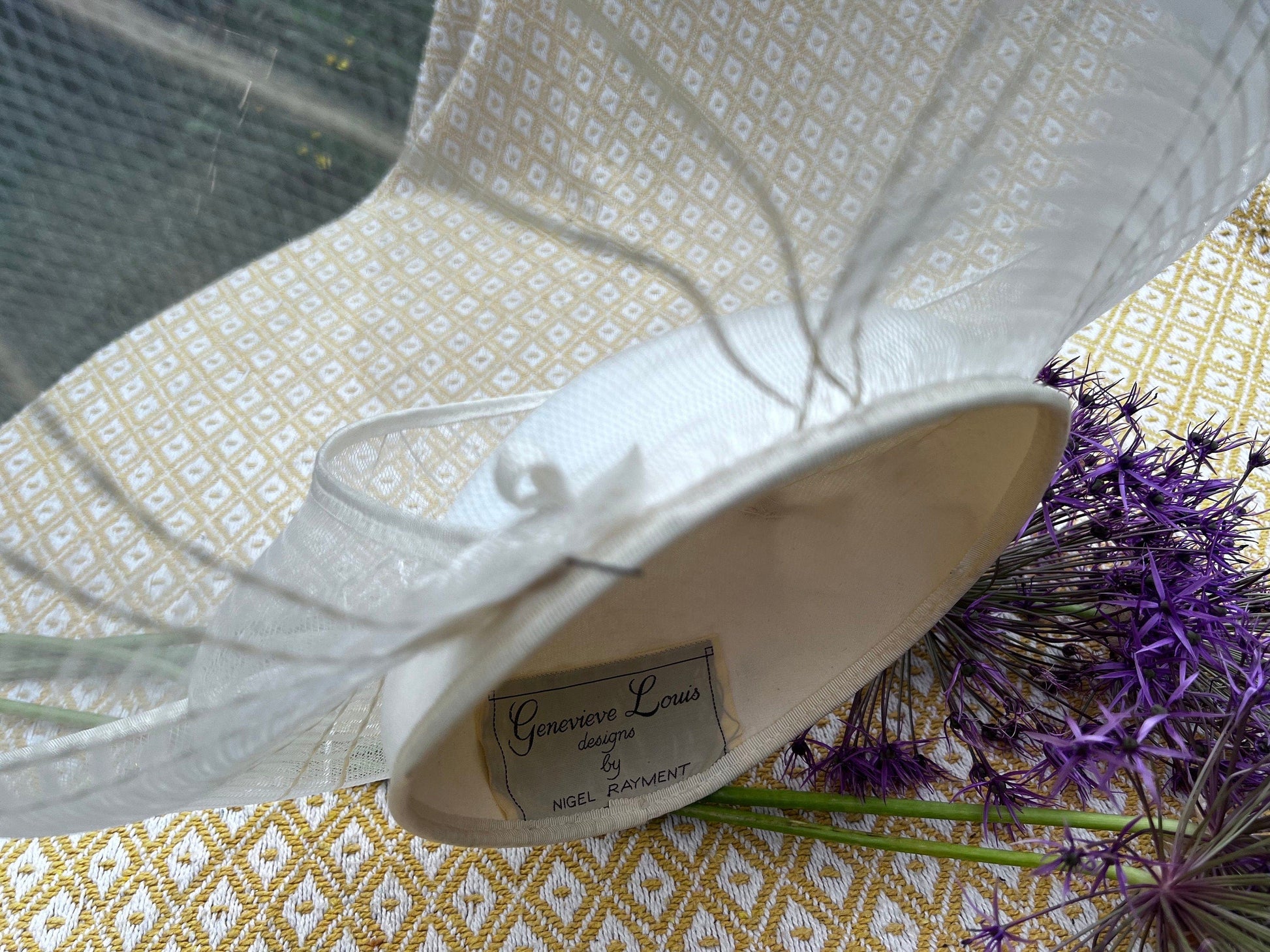 Cream 1970’s sinamay Shimmer Wide Brim Tilt Perching Hat Ribbon, 70’s Tilt Hat , Perching Hat - Genevieve Louis, Nigel Rayment Vintage Hat