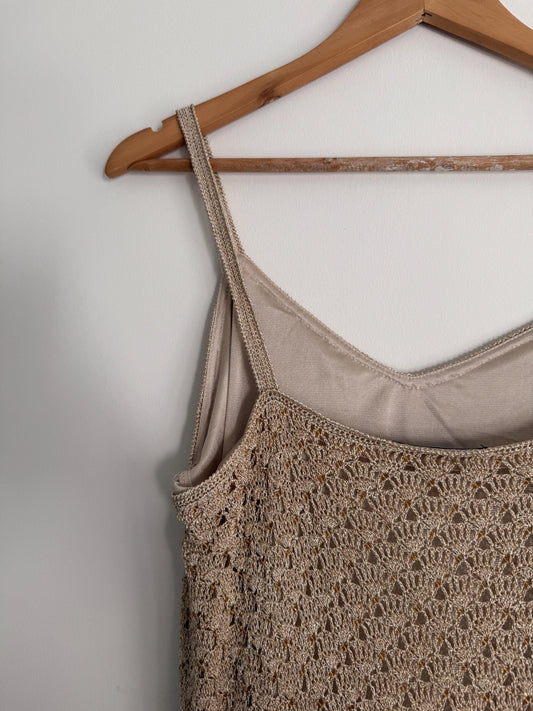 Vintage Crochet Knit Maxi Dress Beige Boho Festival Dress Sleeveless Open Knit 1990s Y2K Neutral Summer Holiday Dress