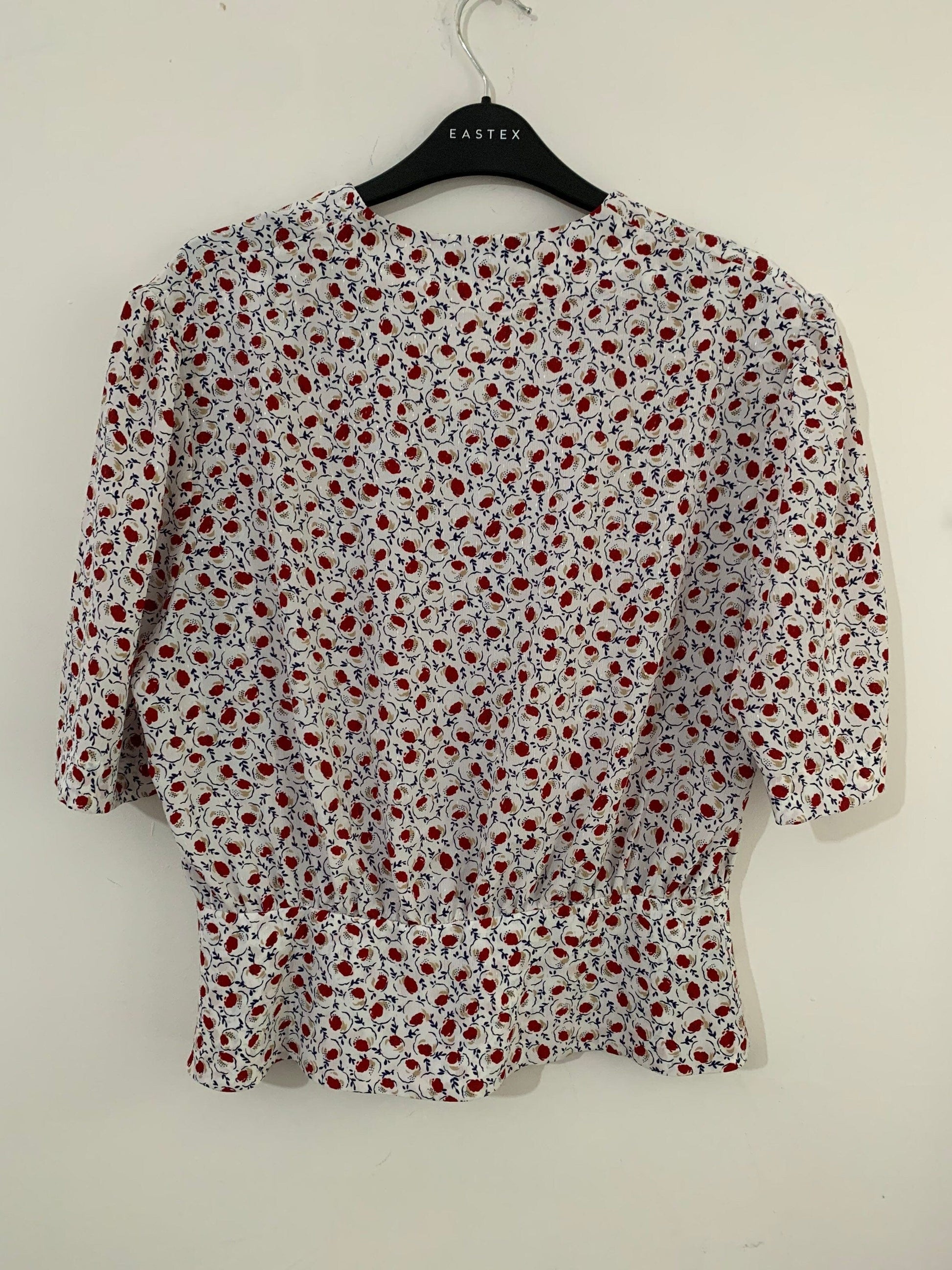 Navy, Red and White Vintage Peplum Blouse Floral Pattern Button Through Boxy short Sleeves - Size 14 - Eastex