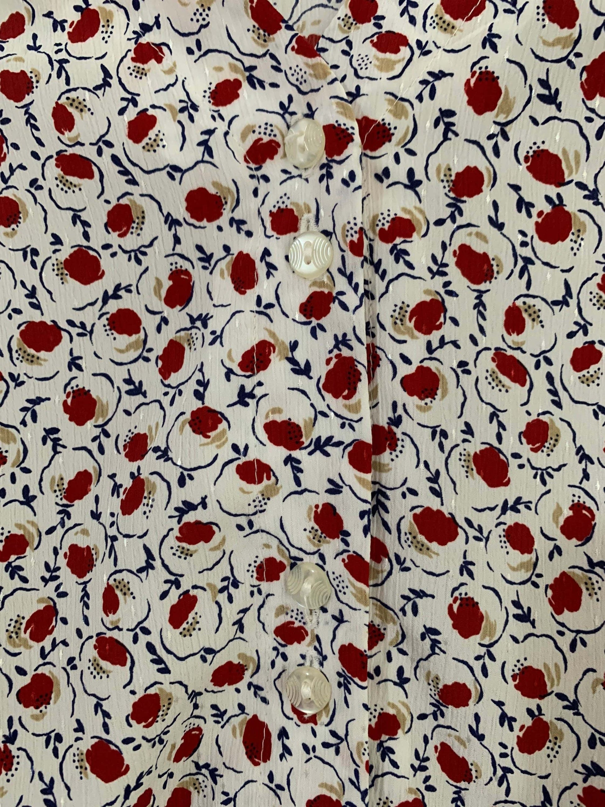 Navy, Red and White Vintage Peplum Blouse Floral Pattern Button Through Boxy short Sleeves - Size 14 - Eastex